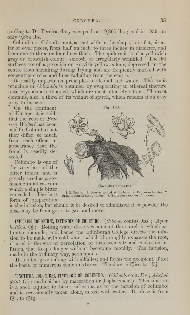 cording to Dr. Pereira, duty was paid on 19,805 lbs.; and in 1839, on only 9,384 lbs. Columbo or Colomba root, as met with in the shops, is in flat, circu- lar or oval pieces, from half an inch to three inches in diameter, and from one to three or four lines thick. The epidermis is of a yellowish gray or brownish colour; smooth or irregularly wrinkled. The fiat surfaces are of a greenish or grayish yellow colour, depressed in the centre from shrinking during drying, and are frequently marked with concentric circles and lines radiating from the centre. It readily imparts its principles to alcohol and water. The tonic principle or Columbin is obtained by evaporating an ethereal tincture until crystals are obtained, which are most intensely bitter. The root contains, also, a third of its weight of starch, which renders it an easy prey to insects. On the continent Fig- 129- of Europe, it is said, that the root of Fra- sera Walteri has been sold for Columbo; but they differ so much from each other in appearance that the fraud is readily de- tected. Columbo is one of the very best of the bitter tonics; and is greatly used as a sto- machic in all cases in which a simple bitter is needed. The best form of preparation is the infusion, but should it be desired to administer it in powder, the dose may be from gr. x. to 5SS- and more. INFU'SUM COLOM'BJI, INFU'SION OF COLUMBO. (Colomb. contus. gss.; Aquce bullient. Oj.) Boiling water dissolves some of the starch in which co- lumbo abounds; and, hence, the Edinburgh College directs the infu- sion to be made with cold water, which thoroughly exhausts the root, if used in the way of percolation or displacement; and makes an in- fusion, that keeps longer without becoming mouldy. The infusion, made in the ordinary way, soon spoils. It is often given along with alkalies; and forms the excipient, if not the basis, of numerous tonic mixtures. The dose is fgiss. to Oij. TINCTU'RA COLOM'BJl, TINCTURE OF COLUMBO. (Colomb. cont. giv.; Alcohol dilut. Oij.; made either by maceration or displacement.) This tincture is a good adjunct to bitter infusions, as to the infusion of columbo; and is occasionally taken alone, mixed with water. Its dose is from f5j. to f3iij. Cocculus palmatus. 1, 2. Petals. 3. Ovaries united at the base. 4. Drupes or berries. 7. Spindle-shaped fleshy tubers. 8. Transverse section of the same.