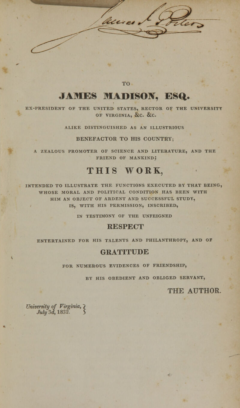 TO JAMES MADISOIV, ESQ. EX-PRESIDENT OF THE UNITED STATES, RECTOR OF THE UNIVERSITY OF VIRGINIA, &C. &C. ALIKE DISTINGUISHED AS AN ILLUSTRIOUS BENEFACTOR TO HIS COUNTRY; A ZEALOUS PROMOTER OF SCIENCE AND LITERATURE, AND THE FRIEND OF MANKIND? THIS WORK, INTENDED TO ILLUSTRATE THE FUNCTIONS EXECUTED BY THAT BEING, WHOSE MORAL AND POLITICAL CONDITION HAS BEEN WITH HIM AN OBJECT OF ARDENT AND SUCCESSFUL STUDY, IS, WITH HIS PERMISSION, INSCRIBED, IN TESTIMONY OF THE UNFEIGNED RESPECT ENTERTAINED FOR HIS TALENTS AND PHILANTHROPY, AND OF GRATITUDE FOR NUMEROUS EVIDENCES OF FRIENDSHIP, BY HIS OBEDIENT AND OBLIGED SERVANT, THE AUTHOR. University of Virginia, July 3d, 1832.