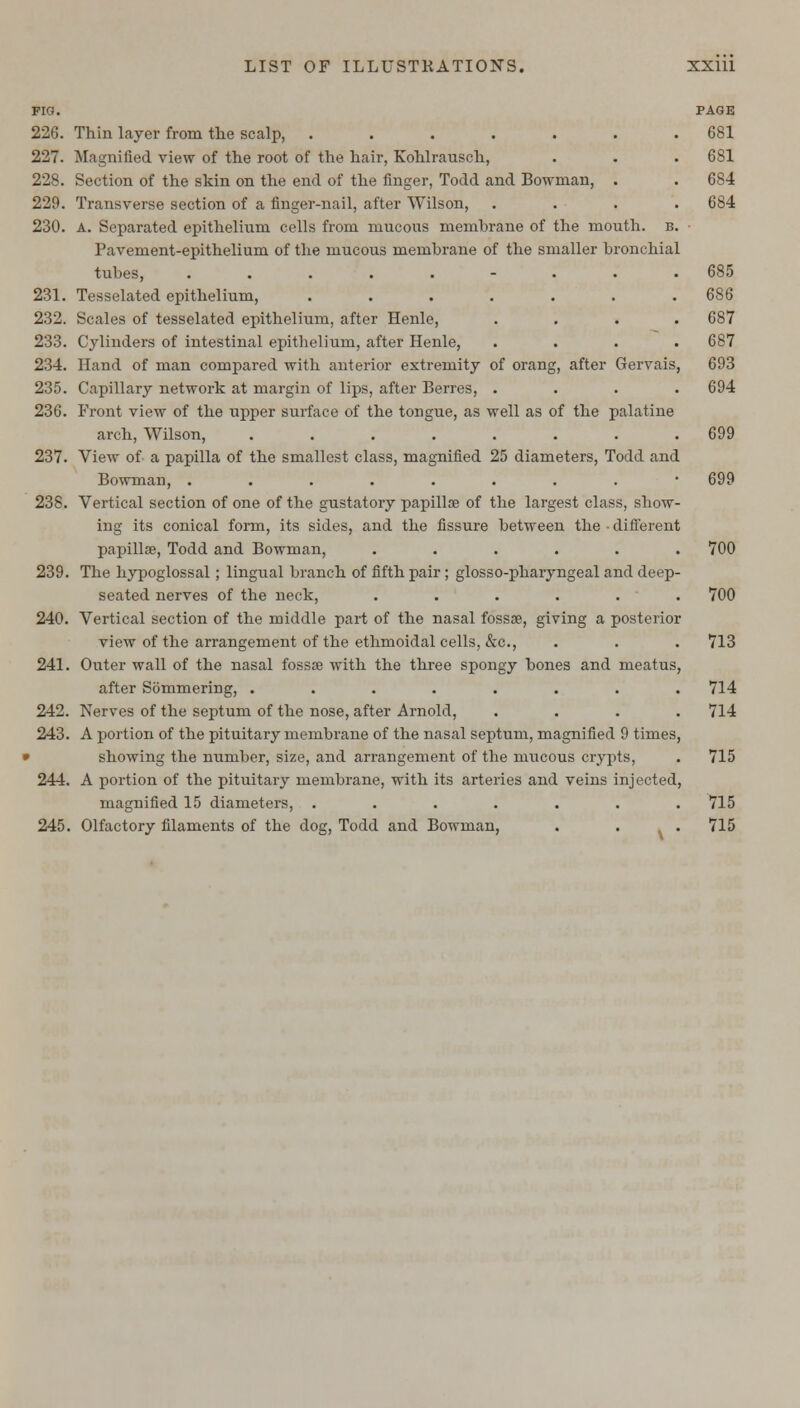 FIG. PAGE 226. Thin layer from the scalp, ....... 681 227. Magnified view of the root of the hair, Kohlrausch, . . . 6S1 228. Section of the skin on the end of the finger, Todd and Bowman, . . 684 229. Transverse section of a finger-nail, after Wilson, . . • . . 684 230. A. Separated epithelium cells from mucons membrane of the mouth, b. Pavement-epithelium of the mucous membrane of the smaller bronchial tubes, ......... 685 231. Tesselated epithelium, ....... 686 232. Scales of tesselated epithelium, after Henle, .... 687 233. Cylinders of intestinal epithelium, after Henle, .... 687 234. Hand of man compared with anterior extremity of orang, after Gervais, 693 235. Capillary network at margin of lips, after Berres, .... 694 23G. Front view of the upper surface of the tongue, as well as of the palatine arch, Wilson, ........ 699 237. View of a papilla of the smallest class, magnified 25 diameters, Todd and Bowman, ......... 699 238. Vertical section of one of the gustatory papillae of the largest class, show- ing its conical form, its sides, and the fissure between the ■ different papillae, Todd and Bowman, ...... 700 239. The hypoglossal; lingual branch of fifth pair ; glosso-pharyngeal and deep- seated nerves of the neck, ...... 700 240. Vertical section of the middle part of the nasal fossae, giving a posterior view of the arrangement of the ethmoidal cells, &c, . . . 713 241. Outer wall of the nasal fossae with the three spongy bones and meatus, after Sbmmering, ........ 714 242. Nerves of the septum of the nose, after Arnold, .... 714 243. A portion of the pituitary membrane of the nasal septum, magnified 9 times, » showing the number, size, and arrangement of the mucous crypts, . 715 244. A portion of the pituitary membrane, with its arteries and veins injected, magnified 15 diameters, . . . . . . .715 245. Olfactory filaments of the dog, Todd and Bowman, . . 715