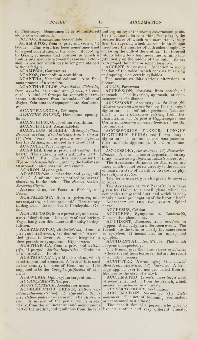 in Pharmacy. Sometimes it is administered alone as a demulcent. ACAJOU, Anacardium occidentale. ACAM'ATOS, from a priv. and khjuvoi, < I labour.' This word has been sometimes used for a good constitution of the body. According to Galen, it means that position in which a limb is intermediate between flexion and exten- sion ; a position which may be long maintained without fatigue. ACAMPSIA, Contractura. ACANOS, Onopordium acanthium. ACANTHA, Vertebral column. Also, Spi- nous process of a vertebra. ACANTHAB'OLOS, Acan'thulus, Volsel'la, from cDtsLvSa., 'a spine,' and (ia.KKu>, 'I cast out.' A kind of forceps for removing extra- neous substances from wounds.—Paulus of iEgina, Fabricius ab Acquapendente, Scultetus, ACANTHALZUCA, Echinops. ACAJYTHE FAUSSE, Heracleum spondy- lium. ACANTHIUM, Onopordium acanthium. ACANTHULUS, Acanthabolos. ACANTHUS MOLLIS, Melamphyl'lum, Bran'ca ursi'na, Brankur'sine, Bear's Breech, (F) Piid (Tours. This plant is mucilaginous like the Althaea, and is used as a demulcent. ACAPATLI, Piper longum. ACAR'DIA from a. priv., and tut/xti*,' the heart.' The state of a fcetus without a heart. ACARICOBA. The Brazilian name for the Hydrocot'yle umbella'tum, used by the Indians as an aromatic, alexipharmic, and emetic. ACARON, Myrica gale. AC'ARUS from a. privative, and jta/ioc, 'di- visible.' A minute insect, noticed by several observers, in the itch. The Acarus Scabici, Sarcopte, Ciron. Acarus Cmo, see Psora—a. Scabiei, see Psora. ACATALEP'SIA from «. privative, and *.a.'rcLK*fA.@*.vo), ' I comprehend.' Uncertainty in diagnosis. Its opposite is Catalepsia.—Ga- len. ACATAP'OSIS,from*privative, and xwi- 7ro<ri(, ' deglutition.' Incapacity of swallowing. Vogei has given this name to difficulty in deg- lutition. ACATASTAT'IC, Acatastat'icus, from * priv., and KaStrTHpi, ' to determine.' An epi- thet given to fevers, &c, when irregular in their periods or symptoms.—Hippocrates. ACATHAR'SIA, from a. priv., and x.xSrai- pity, ' I purge.' Sordes, Impurities. Omission of a purgative.—Foesius. ACATSJAVAL'LI, a Malabar plant, which is astringent and aromatic. A bath cf it is used in the country in cases of Hemicrania. It is supposed to be the Cassytha filiformis of Lin- naeus. AC A WERIA, Ophioxylum serpentinum. ACCABLEMENT, Torpor. ACCELERATEUR, Accelerator urinte. ACCELERATOR URl'NiE, Bulbo-caver- no'sus, Bulbo-urclral—(Ch.) Ejacxda'tor Semi'- nis, Bulbo-syndesmo-caverncux. (F) Arcrlira- teur. A muscle of the penis, which arises, fleshy, from the sphincter ani and membranous part of the urethra, and tendinous from thecrus and beginning of the corpus cavernosum penis. In its course it forms a thin, fleshy layer, the inferior fibres of which run more transversely than the superior, which descend in an oblique direction ; the muscles of both sides completely enclosing the bulb of the urethra. It is inserted into its fellow by a tendinous line running lon- gitudinally on the middle of the bulb. Its use is to propel the urine or semen forwards. ACCENT, Sonus vocis. Inflection or modi- fication of the voice, which consists in raising or dropping it on certain syllables. The accent exhibits various alterations in disease. ACCES, Paroxysm. ACCES'SION, Acces'sio, from acce'do, <I approach.' The invasion, approach, or com- mencement of a disease. ACCESSOIRE, Accessory—a. du long J16- chisseur commun des orteils : see Flexor longus digitorum pedis profundus perforans (accesso- rius)—a. de VObturatcur interne, Ischio-tro- chanterianus—a. du pied d' Hippocampe : see Cornu ammonis—a du Sacro-lombaire : see Sa- cro-lumbalis. ACCESSORIUS FLEXOR LONGUS DIGITORUM PEDIS: see Flexor longus digitorum pedis profundus perforans (accesso- rius)—a. Pedis hippocampi. See Cornu ammo- nis. ACCESSORY, Accesso'rius, (F) Accessoirc, Annexe. A consequence or dependance on any thing ; as accessory ligament, muscle, nerve, &c. The Accessory Sciences to Medicine are those which do not relate directly to the science of man in a state of health or disease; as phy- sics, chymistry,&c. The term accessory is also given to several muscles. The Accessory of the Parot'id is a name given by Haller to a small gland, which ac- companies the parotid duct, and which is com- monly a mere prolongation of the Parotid itself. Accessory of the far vagum, Spinal nerve. ACCESSUS, Coition. ACC1DENS, Symptoma—a. Consecutifs, Consecutive phenomena. ACCIDENT, Accidcns, from accidere, to happen. A casualty; an unforeseen event. The French use the term in nearly the same sense as symptom. It means also an unexpected symptom. ACCIDENTAL, adventitious. That which happens unexpectedly. The French give the name Tissus accidcntels to those adventitious textures, that are the result of a morbid process. ACCIPTTER, Hierax, bg*£, 'the hawk.' Mencc'ratis Accip'itcr. (F) Epcrvicr. A ban- dage applied over the nose, so called from its likeness to the claw of a hawk. ACCLIMATED, Clima'ti assue/tus, a word of recent introduction from the French, which means ' accustomed to a climate.' ACCLTMATEMEJYT, Acclimation. ACCLIMATlOxN, Seasoning. (F) Accli- matement. The act of becoming acclimated, or accustomed to a climate. The constitution of a person, who goes to live in another and very different climate,