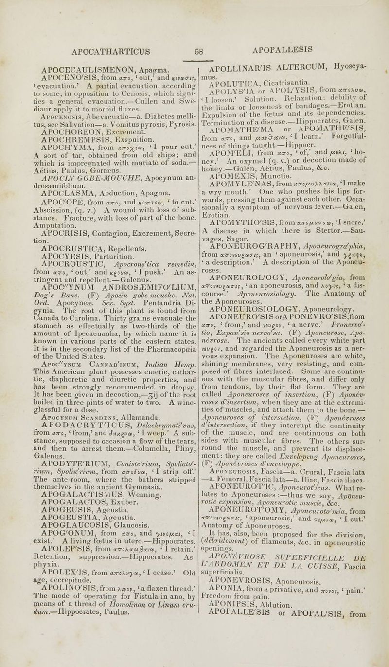 APOPALLESIS APOCECAULISMENON, Apagma. APOCENO'SlS,from a-rro, 'out,' and xevt»<ric, 'evacuation.' A partial evacuation, according to some, in opposition to Cenosis, which signi- fies a general evacuation.—Cullen and Swe- diaur apply it to morbid fluxes. Apocenosis, Abevacuatio—a. Diabetes melli- tus, see Salivation—a. Vomitus pyrosis, Pyrosis. APOCHOREON, Excrement. APOCHREMPSIS, Exspuition. APOCH'YMA, from a^o^sa, ' 1 Pour out-' A sort of tar, obtained from old ships; and which is impregnated with muriate of soda.— Aetius, Paulus, Gorrteus. APOCIN GOBE-MOUCHE, Apocynum an- drossemifolium. APOCLASMA, Abduction, Apagma. APOCOPE, from cnro, and no?nttv, ' to cut.' Abscission, (q. v.) A wound with loss of sub- stance. Fracture, with loss of part of the bone. Amputation. APOCR1SIS, Contagion, Excrement, Secre- tion. APOCRUSTICA, Repellents. APOCYESIS, Parturition. APOCROUS'TIC, Apocrous'tka remedia, from cnro, 'out,' and x^ova, ' 1 push.' An as- tringent and repellent.— Galenus. APOCYNUM ANDROSiCMlFO'LlUM, Dog's Bane. (F) Apocin gobe-mouche. Nat. Ord. Apocynes. Sex. Syst. Pentandria Di- gynia. The root of this plant is found from Canada to Carolina. Thirty grains evacuate the stomach as effectually as two-thirds of the amount of Ipecacuanha, by which name it is known in various parts of the eastern states. It is in the secondary list of the Pharmacopeia of the United States. Apocynum Cannab'inum, Indian Hemp. This American plant possesses emetic, cathar- tic, diaphoretic and diuretic properties, and has been strongly recommended in dropsy. It has been given in decoction,—^ij of the root boiled in three pints of water to two. A wine- glassful for a dose. Apocynum Scandens, Allamanda. APODACRYT'ICUS, Deluchrymati'vus, from ano, ' from,' and ixxgvm, ' I weep.' A sub- stance, supposed to occasion a flow of the tears, and then to arrest them.—Columella, Pliny, Galenus. APODYTE'RIUM, Coniste'rium, Spoliato'- num, Spolia'rium, from an-oJW, ' I strip off.' The ante room, where the bathers stripped themselves in the ancient Gymnasia. APOGALACTlS.VlUS, Weaning. APOGALACTOS, Exuber. APOGEUSIS, Ageustia. APOGEUSTIA, Ageustia. APOGLAUCOSIS, Glaucosis. APOG'ONUM, from atto, and yivo/uut, < I exist.' A living fcetus in utero.—Hippocrates. APOLEP'SlS, from u7roKrtfx[i-x)ia), ' I retain.' Retention, suppression.—Hippocrates. As- phyxia. APOLEX'IS, from ctTrohvyu,' I cease.' Old age, decrepitude. APOLINO'SIS, from htvov, ' a flaxen thread.' The mode of operating for Fistula in ano, by means of a thread of Homolinon or Linum cru- dum.—Hippocrates, Paulus. APOLLINAR'IS ALTERCUM, Ilyoscya- mus. APOLUTICA, Cicatnsantia. APOLYS'lA or APOI/YS1S, from a^sM/a., 'I loosen.' Solution. Relaxation: debility of the limbs or looseness of bandages.—Erotian. Expulsion of the foetus and its dependencies. Termination of a disease.—Hippocrates, Galen. APOMATHF/MA or APOMATtlE'SIS, from a.7ro, and fxuvSaw, ' I learn.' Forgetful- ness of things taught.—Hippocr. APOM'ELI, from cnro, 'of,' and fAtxi, 'ho- ney.' An oxymel (q. v.) or decoction made of honey.—Galen, Aetius. Paulus, &c. APOMUXIS, Munctio. APOMYLE'.NAS,fromtf5ro,MvxAtf<v&),'l make a wry mouth.' One who pushes his lips for- wards, pressing them against each other. Occa- sionally a symptom of nervous fever.— Galen, Erotian. APOMYTHO'SIS, from *7rojuu<r<ru>, 'I snore.' A disease in which there is Stertor.—Sau- vages, Sagar. APONEUROG'RAPHY, Aponeurogra'phia, from oL7roviv£m<rtz, an ' aponeurosis,' and ■}§*<$», ' a desciiption.' A description of the Aponeu- roses. APONEUROL'OGY, Aponeurolo'gia, from ijrovtupiDO-is, ' an aponeurosis, and hoyoc, ' a dis- course.' Aponeurosiology. The Anatomy of the Aponeuroses. APONEUROSIOLOGY, Aponeurology. APONEUROSIS orA PONE VRO'SIS,from cnro, ' from,' and nvgov, ' a nerve.' Pronervu'- tio, Exp an1-' sio ncrvo'sa. (F) Aponeurose, Apo- nivrose. The ancients called every white part vivgov, and regarded the Aponeurosis as a ner- vous expansion. The Aponeuroses are white, shining membranes, very resisting, and com- posed of fibres interlaced. Some are continu- ous with the muscular fibres, and differ only from tendons, by their flat form. They are called Aponeuroses of insertion, (F) Aponiv- roses d?insertion, when they are at the extremi- ties of muscles, and attach them to the bone.— Aponeuroses of intersection, (F) Aponivroscs d'intersection, if they interrupt the continuity of the muscle, and are continuous on both sides with muscular fibres. The others sur- round the muscle, and prevent its displace- ment: they are called Enveloping Aponeuroses, (F) Jlponcvroses d'cnveloppe. Aponeurosis, Fascia—a. Crural, Fascia lata —a. Femoral, Fascia lata—a. Iliac, Fascia iliaca. APONEUROTIC, Aponeurot'icus. What re- lates to Aponeuroses :—thus we say, Aponeu- rotic expansion, Aponeurotic muscle, &c. APOiNEUROT'OMY, Jlponcuroto'mia. from *.7rovtv£a><ris, 'aponeurosis,' and tj^vo., ' I cut.' Anatomy of Aponeuroses. It has, also, been proposed for the division, (debridement) of filaments, &,c. in aponeurotic openings. APUNAVROSE superficielle be VABDOMEN ET BE LA CUISSE, Fascia superficial. APONEVROSIS, Aponeurosis. APONIA, from * privative, and ^voc, ' pain.' Freedom from pain. APONIPSIS, Ablution. APOPALLE'SIS or APOPAL'SIS, from