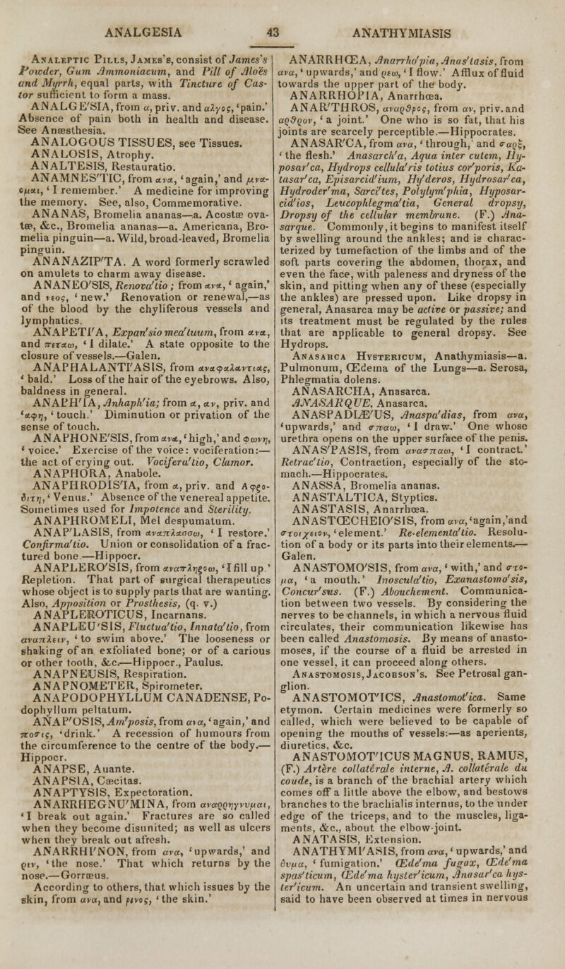 Analeptic Pills, James's, consist of James's Powder, Gum Ammoniacum, and Pill of Aloes and Myrrh, equal parts, with Tincture of Cas- tor sufficient to form a mass. ANALG E'SIA, from «, priv. and aXyo?, 'pain.' Absence of pain both in health and disease. See Anaesthesia. ANALOGOUS TISSUES, see Tissues. ANALOSIS, Atrophy. ANALTESIS, Restauratio. ANAMNES'TIC, from *vs, 'again,' and py*- ejtai,' I remember.' A medicine for improving the memory. See, also, Commemorative. ANANAS, Bromelia ananas—a. Acostoe ova- te?, &c, Bromelia ananas—a. Americana, Bro- melia pinguin—a. Wild, broad-leaved, Bromelia pinguin. ANANAZIP'TA. A word formerly scrawled on amulets to charm away disease. ANANEO'SIS, Renova'tio; from svs,' again,' and nog, ' new.' Renovation or renewal,—as of the blood by the chyliferous vessels and lymphatics. ANAPETfA, Expan'sio mea'tuurn,from ai«, and TTtrato, ' 1 dilate.' A state opposite to the closure of vessels.—Galen. ANAPHALANTI'ASIS, from <Lvnqs.Xa.vTi*?, ' bald.' Loss of the hair of the eyebrows. Also, baldness in general. ANAPH'IA, Anhaph'ia; from *, *v, priv. and lsqt], ' touch.' Diminution or privation of the sense of touch. AN APHONE'SIS, from *v<t,«high,' and <pmvV, 1 voice.' Exercise of the voice: vociferation:— the act of crying out. Vocifera'lio, Clamor. ANAPHORA, Anabole. ANAPHRODIS'IA, from *, priv. and A<p?o- iiTtj,' Venus.' Absence of the venereal appetite. Sometimes used for Impotence and Sterility. ANAPHROMELI, Mel despumatum. ANAP'LASIS, from svs.71Xx.aow, ' I restore.' Confirma'lio. Union or consolidation of a frac- tured bone—Hippocr. ANAPLERO'SIS, from svavX^ow, 'Ifill up.' Repletion. That part of surgical therapeutics whose object is to supply parts that are wanting. Also, Apposition or Prosthesis, (q. v.) ANAPLEROTICUS, Incarnans. ANAPLEU'SIS, Fluctva'tio, Innata'tio, from avanXeiv, ' to swim above.' The looseness or shaking of an exfoliated bone; or of a carious or other tooth, &c.—Hippocr., Paulus. ANAPNEUSIS, Respiration. ANAPNOMETER, Spirometer. ANAPODOPHYLLUM CANADENSE, Po- dophyllum peltatum. ANA\OSlS,Am,posis, from a\a, 'again,' and 7tort?, 'drink.' A recession of humours from the circumference to the centre of the body.— Hippocr. ANAPSE, Auante. ANAPSlA.Cascitas. ANAPTYSIS, Expectoration. ANARRHEGNU'MINA, from avaooriyvvpai, 'I break out again.' Fractures are so called when they become disunited; as well as ulcers when they break out afresh. ANARRHPNON, from ava, 'upwards,' and piv, 'the nose.' That which returns by the nose.— Gorraaus. According to others, that which issues by the skin, from ava, and ftvo?, 'the skin.' ANARRHCEA, Anarrho'pia,Anus'lasis, from ava,' upwards,' and qiw, ' I flow.' Afflux of fluid towards the upper part of the body. ANAR11HOPIA, Anarrhoea. ANAR'THROS, avaodpo?, from av, priv.and aQdgov, ' a joint.' One who is so fat, that his joints are scarcely perceptible.—Hippocrates. AN ASAR'CA, from ava,' through,' and <raa%, ' the flesh.' Anasarch'a, Aqua inter cutem, Hy- posar'ca, Hydrops cellula'ris totius cor'poris, Ka- tasar'ca, Episarcid'ium, JHy'deros, Hydrosar'ca, Hydroder'ma, Sarci'tes, Polylym'phia, Hyposar- cid'ios, Leucophlegma'tia, General dropsy, Dropsy of the cellular membrane. (F.) Ana- sarque. Commonly, it begins to manifest itself by swelling around the ankles; and is charac- terized by tumefaction of the limbs and of the soft parts covering the abdomen, thorax, and even the face, with paleness and dryness of the skin, and pitting when any of these (especially the ankles) are pressed upon. Like dropsy in general, Anasarca may be active or passive; and its treatment must be regulated by the rules that are applicable to general dropsy. See Hydrops. Anasarca Hvstericum, Anathymiasis—a. Pulmonum, CEdeina of the Lungs—a. Serosa, Phlegmatia dolens. ANASARCHA, Anasarca. AJVASARQUE, Anasarca. ANASPADLE'US, Anaspa'dias, from ava, 'upwards,' and cnam, ' I draw,' One whose urethra opens on the upper surface of the penis. ANASTASIS, from avarnaw^ 'I contract' Retrac'tio, Contraction, especially of the sto- mach.—Hippocrates. ANASSA, Bromelia ananas. ANASTALTICA, Styptics. ANASTASIS, Anarrhoea. ANASTCECHEIO'SIS, from ara,'again,'and croi^siov, 'element.' Re-elementa'tio. Resolu- tion of a body or its parts into their elements.— Galen. ANASTOMO'SIS, from ava,' with,' and <tto- ,11a, 'a mouth.' lnoscula'tio, Exanastomo'sis, Concur'sus. (F.) Abouchement. Communica- tion between two vessels. By considering the nerves to be channels, in which a nervous fluid circulates, their communication likewise has been called Anastomosis. By means of anasto- moses, if the course of a fluid be arrested in one vessel, it can proceed along others. Anastomosis, Jacobson's. See Petrosal gan- glion. ANASTOMOT'ICS, Anastomot'ica. Same etymon. Certain medicines were formerly so called, which were believed to be capable of opening the mouths of vessels:—as aperients, diurptics o&c ANASTOMOT'ICUS MAGNUS, RAMUS, (F.) Artere collatirale interne, A. collaterale du coude, is a branch of the brachial artery which comes off a little above the elbow, and bestows branches to the brachialis internus, to the under edge of the triceps, and to the muscles, liga- ments, &c, about the elbow-joint AN ATA SIS, Extension. AN ATHYMPASIS, from ava,' upwards,' and 6vua, ' fumigation.' (Ede'ma fugax, CEde'ma spas'ticum, CEde'ma hyster'icum, Anasar'ca hys- ter'icum. An uncertain and transient swelling, said to have been observed at times in nervous