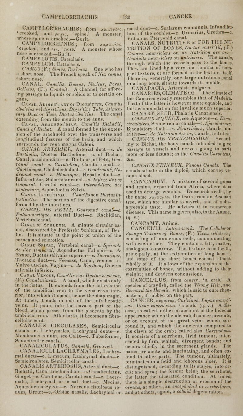 CAMPYLOR'RHACHIS; from tmatvUg, crooked,' and pa/i;, -spine.' A monster, whose spine is crooked.—Gurlt. CAMPYLORRHI'NUS; from xa/unvXog, ' crooked,' and piv, 'nose.' A monster whose nose is crooked.—Gurlt. CAMPY LOTIS, Cataclasis. CAMPYLUM. Cataclasis. CAMUS (F.) Simus, Resi'mus. One who lias a short nose. The French speak of Nez camus, ' short nose.' CANAL, Cana'lis, Ductus, Mca'tus, Poros, Och'elos, (F.) Conduit. A channel, for afford- ing passage to liquids or solids or to certain or- gans. Canal, Alimen'tary or Diges'ttve, Cana'lis ciba'rius vel digesti'vus, Diges'tive Tube, Alimen- tary Duct or Tube, Ductus ciba'rius. The canal extending from the mouth to the anus. Canal, Arachnoi'dian, Cana'lis Bichal'ii, Canal of Bichat. A canal formed by the exten- sion of the arachnoid over the transverse and longitudinal fissures of the brain, and which surrounds the vena magna Galeni. CANAL ARTdRIEL, Arterial duct—c. de Bartholin, Ductus Bartholinus—c. of Bichat. Canal, arachnoidian—c. Bullular, of Petit, God- ronne canal—3. Carotidien, Carotid canal—c. Chol&doque, Choledoch duct—c. Goudronne, Go- dronni, canal—c. Hipatique, Hepatic duct—c. Infra-orbitar, Suborbitar canal—c. Inflexe del'os temporal, Carotid canal—c. Intermidiare des ventriculcs, Aquoeductus Sylvii. Canal, Intes'tinal. Cana'lisseu Ductusin- testina'lis. The portion of the digestive canal, formed by the intestines. CANAL DE PETIT, Godronni. canaf—c Pulmo-aortique, arterial Duct—c. Rachidian, Vertebral canal. Canal of Schlemm. A minute circular ca- nal, discovered by Professor Schlemm, of Ber- lin. It is situate at the point of union of the cornea and sclerotica. Canal Spinal, Vertebral canal—c. Spiroide de L'os temporal, Aquajductus Fallopii—c. de Stcnon, Ductus salivalis superior—c. Thoracique, Thoracic duct—c. Vcineux, Canal, venous—c. Vulvo-uterine, Vagina—c. de Wartlton, Ductus salivalis inferior. Canal Venous, Cana'lis seu Ductus veno'sus, (F.) Canal veineux. A canal, which exists only in the fcetus. It extends from the bifurcation of the umbilical vein to the vena cava infe- rior, into which it opens, below the diaphragm. At times, it ends in one of the infrahepatic veins. It pours into the cava a part of the blood, which passes from the placenta by the umbilical vein. After birth, it becomes a fibro- cellular cord. CAN ALES CIRCU LARES, Semicircular canals—c. Lachrymales, Lachrymal ducts—c. Membranei renum, see Calix—c. Tubeeformes, Semicircular canals. CANALICULATUS, Cannil'e, Grooved. CANALICULI LACHRYMALES, Lachry- mal ducts—c. Limacum, Lachrymal ducts—c. Semicircularcs, Semicircular canals. CANALIS ARTERIOSUS, Arterial duct—c. Bichatii, Canal arachnoidian—c. Canaliculars, Gorget—c. Caroticus, Carotid canal—c. Lacry- malis, Lachrymal or nasal duct—c. Medius, Aqnceductus Sylvii—c. Nerveus fistulosus re- num, Ureter—c.-Orbilee nasalis, Lachrymal or nasal duct—c. Scalarum communis, Infundibu- luin of the cochlea—c. Urinarius, Urethra—c. Vidianus, Pterygoid canal. CANALS, NUTRITIVE or FOR THE NU- TRITION OF BONES, Ductus nutn'ai, (F.) Canavx nourriders oil de Nutrition des os.— Conduits nuvrriciers ou nulriciers. The canals, through which the vessels pass to the bones. They^are lined by a very fine lamina of com- pact texture, or are formed in the texture itself. There is. generally, one large nutritious canal in a lono- bone, situate towards its middle. CANAPACIA, Artemisia vulgaris. CANARIES, CLIMATE OF. The climate of the Canaries greatly resembles that of Madeira. That of the latter is however more equable, and the accommodation for invalids much superior. CANARY-SEED, Phalaris Canadensis. CANAUX AQUEUX,see Aqueous—c. Demi- circulaires, Semicircular canals—c. EjaculaUurs, Ejaculatory ducts—c. Nourriciers, Canals, nu- tritive—r. dc Nutrition des os, Lanals, nutritive. CANAUX DE TRANSMISSION. Accord- ino- to Bichat, the bony canals intended to give passage to vessels and nerves going to parts more or less distant; as the Cana'lis Carot'icus, &c. CANAUX VEJNEUX. Venous Canals. The canals situate in the diploe, which convey ve- nous blood. CAN'CAMUM. A mixture of several gums and resins, exported from Africa, where it is used to deterge wounds. Dioscorides calls, by the name y.ay/.a^iov, the tears from an Arabian tree, which are similar to myrrh, and of a dis- agreeable taste. He advises it in numerous diseases. This name is given, also, to the Anime, (q. v.) CANCAMY. Anime. CANCEI/LI. La/ticc-icoik. The Cellular or Spongy Texture of Bonts, (F ) Tissu celluleux', consisting of numerous cells, communicating with each other. They contain a fatty matter, analogous to marrow. This texture is met with, principally, at the extremities of long bones; and some of the short bones consist almost wholly of it. It allows of the expansion of the extremities of bones, without adding to their weight; and deadens concussions. CANCEL'LUS, from cancer, 'a crab.' A species of crayfish, called the Wrong Heir, and Bernard the Hermit: which is said to cure rheu- matism, if rubbed on the part. CANCER, y.ctqy.irog, Car'cinos, Lupus cancro'- sus, Ulcus cancro'sum, ' a crab.' (q. v.) A dis- ease, so called, either on account of the hideous appearance which the ulcerated cancer presents, or on account of the great veins which sur- round it, and which the ancients compared to the claws of the crab; called also Carcino'ma. It consists of a scirrhous, livid tumour, inter- sected by firm, whitish, divergent bands: and occurs chiefly in the secernent glands. The pains are acute and lancinating, and often ex- tend to other parts. The tumour, ultimately, terminates in a fetid and ichorous ulcer. It is distinguished, according to its stages, into oc- cult and open; the former being the scirrhous, the latter the ulcerated condition. At times, there is a simple destruction or erosion of the organs, at others, an encephaloid or (cribriform, and at others, again, a colluid degeneration.