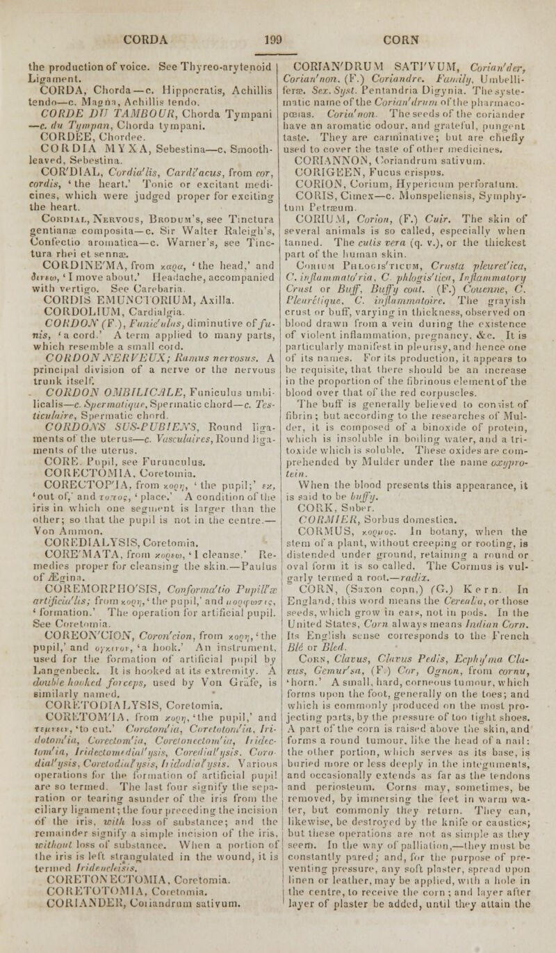 the production of voice. See Thyreo-arytenoid Ligament. CORDA, Chorda — c. Hippncratis, Achillis tendo—c. Magna, Achillis lendo. COIWE DJJ TAMBOUR, Chorda Tympani —c. da Tympan, Chorda tympani. CORDEE,Chor,l«T. CORDIA MYXA, Sebestina—c. Smooth- leaved. Sebestina. COR'DIAL, Cordia'lis, Cardi'acus, from cor, cordis, ' the heart.' Tonic or excitant medi- cines, which were judged proper for exciting the heart. Cordial, Nervous, Brodum's, see Tinctura gentianae composita—c. Sir Walter Raleigh's, Confectio aromatica—c. Warner's, see Tinc- tura rhei et senna?. CORDlNE'MA,from xccqu, 'the head.' and Strew, ' I move about.' Headache, accompanied with vertigo. See Carebaria. CORDIS EMUNCTORIUM, Axilla. CORDOLIUM, Cardialgia. CORDON (F), Funiculus, diminutive of/w- nis, 'a cord.' A term applied to many parts, which resemble a small coid. CORDON KERVEUX; Ramus ncrrosus. A principal division of a nerve or the nervous trunk itself. - CORDON OMBILICALE, Funiculus umbi- licalis—c. Spermatiaue, Spermatic chord—c. Tes- ticuluire, Spermatic chord. CORDONS SUS-PUBIEXS, Round liga- ments of the uterus—c. Vasculaires,Round liga- ments of the uterus. CORE. Pupil, see Furunculus. CORECTOM1A, Coretomia. CORECTOP'IA, from Mnn, < the pupil;' sx, 'out of,' and roToc, 'place.' A condition of the iris in which one segment is larger than the other; so that the pupil is not in the centre.— Von Amnion. COREDIALYSIS, Coretomia. CORE'MATA, from *ooeio, ' 1 cleanse.' Re- medies proper for cleansing the skin.—Paulus of Mgina. COREMORPHO'SIS, Confprma'lio Pupill'se artificial'lis; from KOQtj,' the pupil,' and uooipuxrig, ' formation.' The operation for artificial pupil. See Coretomia. COREON'CION, Coron'cion, from xoQtj,'the pupil,'and o;y.uoi,'a hook.' An instrument, used for the formation of artificial pupil by Langenbeck. It is hooked at its extremity. A double hooked forceps, used by Von Grufe, is similarly named. COR'KTODIALYSIS, Coretomia. CORETOM'IA, from xoqj], 'the pupil,' and tfiofir, 'to cut.' Corotom'ia, Coretotom'ia, hi- dotom'ia, Corectom'ia, Corelonectom'ia, hidec- tum'ia, Iridectomedial'ysis, Cored ial'ysis. Coro- dial'ysis, Coretodialysis, hidodiaFysis. Various operations for the formation of artificial pupil are so termed. The last four signify the sepa- ration or tearing asunder of the iris from the ciliary ligament; the four preceding the incision of the iris, tcilh loss of substance; and the remainder signify a simple incision of the iris, without loss of substance. When a portion of the iris is left strangulated in the wound, it is termed Iride.ticleisis, ('(>RETON ECTOMIA, Coretomia. CORETOTOM1A, Coretomia. CORIANDER, Coiiandrum sativum. CORIAN'DRUVI SATJ'VUM, Corian'der, Corian'non. (F.) Coriandre. Family, Umbelli- ferae. Sex. Sijst. Pentandria Digynia. Thesyste- rnatic name of the Corian'drum ot'the pharmaco- poeias. Coria'tion. The seeds of the coriander have an aromatic odour, and grateful, pungent taste. They are carminative; but are chiefly used to cover the taste of other medicines. CORlANNOfN, Coriandrum sativum. CORIGEEN, Fucus crispus. CORION, Corium, Hypericum perforatum. CORIS, Cimex—c. Monspeliensis, Symphy- tum Petrosum. CORIUM, Corion, (F.) Cuir. The skin of several animals is so called, especially when tanned. The cutis vera (q. v.), or the thickest part of the human skin. Cohium Phlogis'ticum, Crustu pleuret'ica, C. inflammato'ria, C pklogis''tica, Inflammatory Crust or Bujf, Buffy coat. (F.) Couenne, C. Pleurclique., C. irtflanimatoirc. The grayish crust or buff, varying in thickness, observed on blood drawn from a vein during the existence of violent inflammation, pregnancy. &c. It is particularly manifest in pleurisy, and hence one of its names. For its production, it appears to be requisite, that there should be an increase in the proportion of the fibrinous element of the blood over that of the red corpuscles. The buff' is generally believed to consist of fibrin ; but according to the researches of Mul- der, it is composed of a binoxide of protein, which is insoluble in boiling water, and a tri- toxide which is soluble. These oxides are com- prehended by Mulder under the name oxypro- tein. When the blood presents this appearance, it is said to be huffy. CORK, Sober. CORMIER, Sorbus domestica. CORMUS, x.oQuog. In botany, when the stem of a plant, without creeping or rootinjr, is distended under ground, retaining a round or oval form it is so called. The Cormus is vul- garly termed a root.—radix. CORN, (Saxon conn,) (G.) Kern. In England, this word means the Cereal,u, or those seeds, which grow in eats, not in pods. In the United States, Corn always means Indian Corn. Its English sense corresponds to the French Bid or Bled. Corn, Clavus, Clavus Pedis, Ecphy'ma Cla- vus, Ccmur'sa, (F.) Cor, Ognon, from cornu, 'horn.' A small, hard, corneous tumour, which forms upon the foot, generally on the toes; and which is commonly produced on the most pro- jecting parts, by the pressure of too tight shoes. A part of the corn is raised above the .skin, and forms a round tumour, like the head of a nail: the other portion, which serves as its base, is buried more or less deeply in the integuments, and occasionally extends as far as the tendons and periosteum. Corns may, sometimes, be removed, by immersing the feet in warm wa- ter, but commonly they return. They can, likewise, be destroyed by the knife or caustics; but these operations are not as simple as they seem. In the way of palliation,—they most be constantly pared; and, for the purpose of pre- venting pressure, any soft plaster, spread upon linen or leather, may be applied, with a hole in the centre, to receive the corn ; and layer after layer of plaster be added, until they attain the