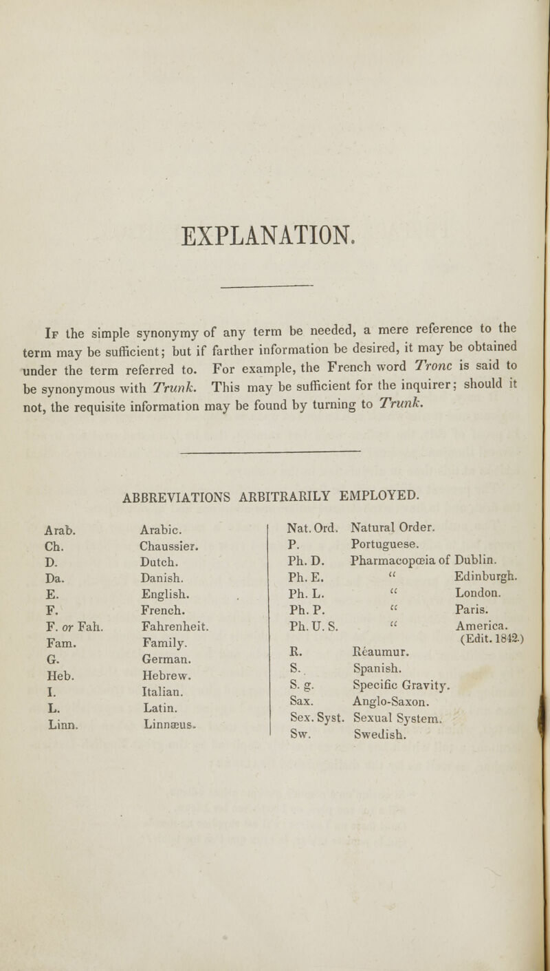 EXPLANATION. If the simple synonymy of any term be needed, a mere reference to the term may be sufficient; but if farther information be desired, it may be obtained under the term referred to. For example, the French word Tronc is said to be synonymous with Trunk. This may be sufficient for the inquirer; should it not, the requisite information may be found by turning to Trunk. ABBREVIATIONS ARBITRARILY EMPLOYED. Arab. Arabic. Ch. Chaussier. D. Dutch. Da. Danish. E. English. F. French. F. or Fah. Fahrenheit Fam. Family. G. German. Heb. Hebrew. I. Italian. L. Latin. Linn. Linnaeus. Nat.Ord. Natural Order. P. Portuguese. Ph.D. Pharmacopoeia of Dublin. Ph.E. u Edinburgh. Ph. L. a London. Ph. P. u Paris. Ph. U.S. it America. (Edit. 1842.) R. Reaumur. S. Spanish. s.g. Specific Gravity Sax. Anglo-Saxon. Sex. Syst Sexual System. Sw. Swedish. 1