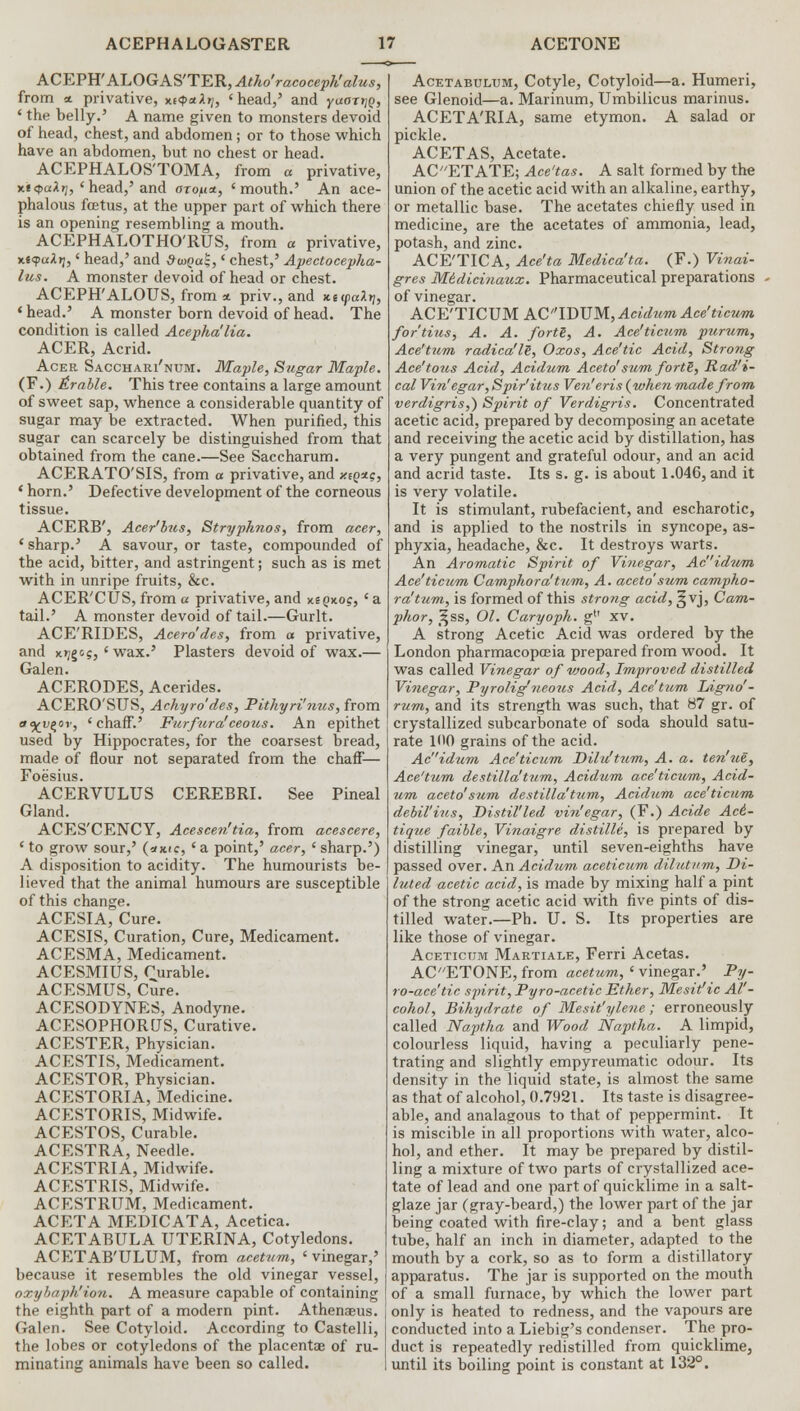 ACEPW AhOGAS'TER, Atko'racoceph'alus, from * privative, x«p*Xtj, 'head,' and yaanjQ, ' the belly.' A name given to monsters devoid of head, chest, and abdomen; or to those which have an abdomen, but no chest or head. ACEPHALOS'TOMA, from a privative, KKpcdrj, 'head,' and oro/uz, 'mouth.' An ace- phalous fcetus, at the upper part of which there is an opening resembling a mouth. ACEPHALOTHO'RUS, from a privative, xtyalri,' head,' and d<»Qa$,' chest,' Apectocepha- lus. A monster devoid of head or chest. ACEPH'ALOUS, from * priv., and unpaid, 'head.' A monster born devoid of head. The condition is called Acepha'lia. ACER, Acrid. Acer Sacchari'num. Maple, Sugar Maple. (F.) Arable. This tree contains a large amount of sweet sap, whence a considerable quantity of sugar may be extracted. When purified, this sugar can scarcely be distinguished from that obtained from the cane.—See Saccharum. ACERATO'SIS, from a privative, and xiqx$, * horn.' Defective development of the corneous tissue. ACERB', Acer'lus, Stryphnos, from acer, ' sharp.' A savour, or taste, compounded of the acid, bitter, and astringent; such as is met with in unripe fruits, &c. ACER'CUS, from a privative, and xeQx.o$, ' a tail.' A monster devoid of tail.—Gurlt. ACE'RIDES, Acero'des, from a privative, and mjgoj, ' wax.' Plasters devoid of wax.— Galen. ACERODES, Acerides. ACERO'SUS, Achyro'des, Pithyri'nus, from at^v^ov, 'chaff.' Furfuralceous. An epithet used by Hippocrates, for the coarsest bread, made of flour not separated from the chaff— Foesius. ACERVULUS CEREBRI. See Pineal Gland. ACES'CENCY, Acescen'tia, from acescere, ' to grow sour,' (am?, ' a point,' acer, ' sharp.') A disposition to acidity. The humourists be- lieved that the animal humours are susceptible of this change. ACESIA, Cure. ACESIS, Curation, Cure, Medicament. ACESMA, Medicament. ACESMIUS, Curable. ACESMTJS, Cure. ACESODYNES, Anodyne. ACESOPHORUS, Curative. ACESTER, Physician. ACESTIS, Medicament. ACESTOR, Physician. ACESTORIA, Medicine. ACESTORIS, Midwife. ACESTOS, Curable. ACESTRA, Needle. ACESTRIA, Midwife. ACESTRIS, Midwife. ACESTRUM, Medicament. ACETA MEDICATA, Acetica. ACETABULA UTERINA, Cotyledons. ACETAB'ULUM, from acetum, ' vinegar,' because it resembles the old vinegar vessel, oxybaph'ion. A measure capable of containing the eighth part of a modern pint. Athenaeus. Galen. See Cotyloid. According to Castelli, the lobes or cotyledons of the placentae of ru- minating animals have been so called. Acetabulum, Cotyle, Cotyloid—a. Humeri, see Glenoid—a. Marinum, Umbilicus marinus. ACETA'RIA, same etymon. A salad or pickle. ACETAS, Acetate. ACETATE; Ace'tas. A salt formed by the union of the acetic acid with an alkaline, earthy, or metallic base. The acetates chiefly used in medicine, are the acetates of ammonia, lead, potash, and zinc. ACE'TICA, Ace'ta Medico!ta. (F.) Vinai- gres Midicinaux. Pharmaceutical preparations of vinegar. ACE'TICUM ACIDUM, Acidum Ace'ticwm fortius, A. A. forte, A. Ace'ticum purum, Ace'turn, radically, Oxos, Ace'tic Acid, Strong Ace'tous Acid, Acidum Aceto'sum forts, Rad'i- cal Vin'egar, Spir'itus Ven'eris {when made from verdigris,) Spirit of Verdigris. Concentrated acetic acid, prepared by decomposing an acetate and receiving the acetic acid by distillation, has a very pungent and grateful odour, and an acid and acrid taste. Its s. g. is about 1.046, and it is very volatile. It is stimulant, rubefacient, and escharotic, and is applied to the nostrils in syncope, as- phyxia, headache, &c. It destroys warts. An Aromatic Spirit of Vinegar, Acidum Ace'ticum Camphora'turn, A. aceto'sum campho- ra'tum, is formed of this strong acid, § vj, Cam- phor, ^ss, Ol. Caryoph. g xv. A strong Acetic Acid was ordered by the London pharmacopoeia prepared from wood. It was called Vinegar of wood, Improved distilled Vinegar, Pyrolig'neous Acid, Ace'tum Ligno'- rum, and its strength was such, that 87 gr. of crystallized subcarbonate of soda should satu- rate 1110 grains of the acid. Ac'idum Ace'ticum Dilu'tum, A. a. ten'ue, Ace'tum destillalturn, Acidum ace'ticum, Acid- um aceto'sum destilla'tum, Acidum, ace'ticum debil'ius, Distil'led vin'egar, (F.) Acide An- tique faible, Vinaigre distille, is prepared by distilling vinegar, until seven-eighths have passed over. An Acidum aceticum dilut/rm, Di- luted acetic acid, is made by mixing half a pint of the strong acetic acid with five pints of dis- tilled water.—Ph. U. S. Its properties are like those of vinegar. Aceticum Martiale, Ferri Acetas. ACETONE, from acetum, ' vinegar.' Py- ro-ace'tic spirit, Pyro-acetic Ether, Mestt'ic Al'- cohol, Bihydrate of Mesit'ylene; erroneously called Naptha and Wood Naptha. A limpid, colourless liquid, having a peculiarly pene- trating and slightly empyreumatic odour. Its density in the liquid state, is almost the same as that of alcohol, 0.7921. Its taste is disagree- able, and analagous to that of peppermint. It is miscible in all proportions with water, alco- hol, and ether. It may be prepared by distil- ling a mixture of two parts of crystallized ace- tate of lead and one part of quicklime in a salt- glaze jar (gray-beard,) the lower part of the jar being coated with fire-clay; and a bent glass tube, half an inch in diameter, adapted to the mouth by a cork, so as to form a distillatory apparatus. The jar is supported on the mouth of a small furnace, by which the lower part only is heated to redness, and the vapours are conducted into a Liebig's condenser. The pro- duct is repeatedly redistilled from quicklime, until its boiling point is constant at 132°.