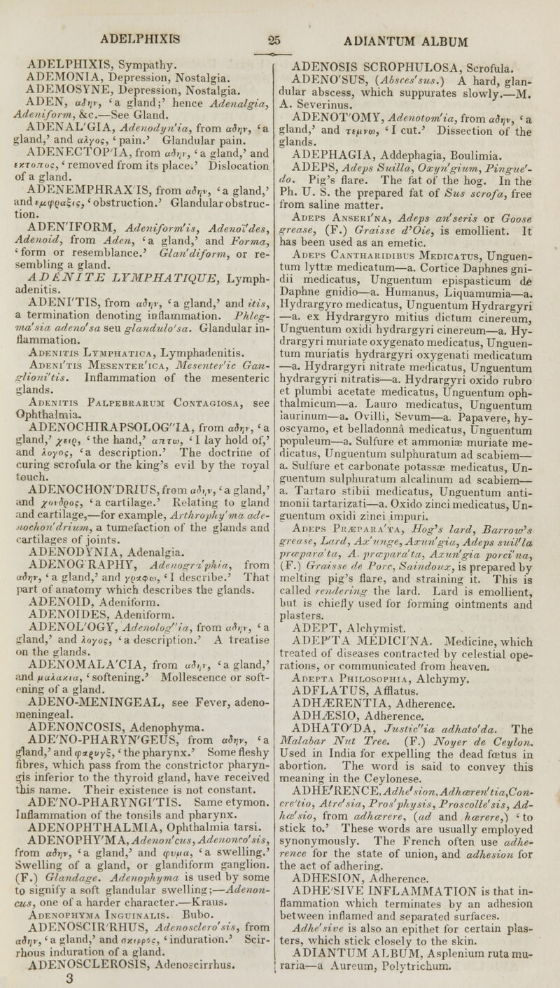ADELPHIXIS, Sympathy. ADEMONIA, Depression, Nostalgia. ADEMOSYNE, Depression, Nostalgia. ADEN, ai>;r, 'a gland;' hence Adenalgia, Adeniform, &c.—See Gland. ADENAL'GIA, Adenodyn'ia, from adtjv, 'a gland,' and aXyoc, ' pain.' Glandular pain. ADENECTOP'IA, from afyr, 'a gland,' and txronoc, * removed from its place.' Dislocation of a gland. ADENEMPHRAX'IS, from a<V, 'a gland,' nnde/u.(f(>a^tg} 'obstruction.' Glandular obstruc- tion. ADEN'IFORM, Ade?iiform'is, Adenoi'des, Adenoid, from Aden, 'a gland,' and Forma, ' form or resemblance.' Glaridiform, or re- sembling a gland. AD UNITE LYMPHATIQUE, Lymph- adenitis. ADENI'TIS, from aSrjr, 'a gland,' and itis, a termination denoting inflammation. Phleg- ma'sia adeno'sa seu glandulo'sa. Glandular in- flammation. Adenitis Ltmphatica, Lymphadenitis. Adeni'tis Mesenter'ica, Mesenteric Gan- glioni'tis. Inflammation of the mesenteric glands. Adenitis Palpebrarum Contagiosa, see Ophthalmia. ADENOCHIRAPSOLOGIA, from a<V, 'a gland,' x*'Q> 'the hand,' anrw, 'I lay hold of,' and J.oyo$, 'a description.' The doctrine of curing scrofula or the king's evil by the royal touch. ADENOCHON'DRIUS,from a8,,v, 'a gland,' and /oifyoc, 'a cartilage.' Relating to eland and cartilage,—for example, Arthrophy'ma ade- ■iochon drium, a tumefaction of the glands and cartilages of joints. ADENODYNIA, Adenalgia. ADENOGRAPHY, Adenogra'phia, from utirjr, ' a gland,' and y£i*<pe>, 'I describe.' That part of anatomy which describes the glands. ADENOID, Adeniform. ADENOIDES, Adeniform. ADENOL'OGY, Aderwlog'ia, from atnv, ' a U'land,' and Xoy og, 'a description.' A treatise <»n the glands. ADENOMALA'CIA, from «<V> 'a gland,' and (.tukuiXHx, 'softening.' Mollescence or soft- ening of a gland. ADENO-MENINGEAL, see Fever, adeno- meningeal. ADENONCOSIS, Adenophyma. ADE'NO-PHARYN'GEUS, from «<V, 'a gland,' and cpa^uy$,' the pharynx.' Some fleshy fibres, which pass from the constrictor pharyn- gis inferior to the thyroid gland, have received this name. Their existence is not constant. ADE'NO-PHARYNGI'TIS. Same etymon. Inflammation of the tonsils and pharynx. ADENOPHTHALMIA, Ophthalmia tarsi. ADENOPH Y'M A, Adenon'cus, Adenonco'sis, from aStjv, 'a gland,' and cpvua, 'a swelling.' Swelling of a gland, or glandiform ganglion. (F.) Glandage. Adenophyma is used by some to signify a soft glandular swelling;—Adenon- cus, one of a harder character.—Kraus. Adenophyma Inguinalis. Bubo. ADENOSCIR'RHUS, Adenosdero'sis, from aStjr,' a gland,' and oxippoc, ' induration.' Scir- rhous induration of a gland. ADENOSCLEROSIS, Adenoscirrhus. 3 ADENOSIS SCROPHULOSA, Scrofula. ADENO'SUS, (Absces'sus.) A hard, glan- dular abscess, which suppurates slowly.—M. A. Severinus. ADENOT'OMY, Adenotom'ia, from adrjv, ' a gland,' and rt^ivw, ' I cut.' Dissection of the glands. ADEPHAGIA, Addephagia, Boulimia. ADEPS, Adeps Suilla, Oxyn'giwm, Pingue'- do. Pig's flare. The fat of the hog. In the Ph. U. S. the prepared fat of Szts scrofa, free from saline matter. Adeps Anseri'na, Adeps an'seris or Goose grease, (F.) Graisse d'Oie, is emollient. It has been used as an emetic. Adeps Cantharidibus Medicatus, Unguen- tum lyttae medicatum—a. Cortice Daphnes gni- dii medicatus, Unguentum epispasticum de Daphne gnidio—a. Humanus, Liquamumia—a. Hydrargyro medicatus, Unguentum Hydrargyri —a. ex Hydrargyro mitius dictum cinereum, Unguentum oxidi hydrargyri cinereum—a. Hy- drargyri muriate oxygenato medicatus, Unguen- tum muriatis hydrargyri oxygenati medicatum —a. Hydrargyri nitrate medicatus, Unguentum hydrargyri nitratis—a. Hydrargyri oxido rubro et plumbi acetate medicatus, Unguentum oph- thalmic um—a. Lauro medicatus, Unguentum laurinum—a. Ovilli, Sevum—a. Papavere, hy- oscyamo, et belladonna medicatus, Unguentum populeum—a. Sulfure et ammoniae muriate me- dicatus, Unguentum sulphuratum ad scabiem— a. Sulfure et carbonate potassae medicatus, Un- guentum sulphuratum alcalinum ad scabiem— a. Tartaro stibii medicatus, Unguentum anti- monii tartarizati—a. Oxido zinci medicatus, Un- guentum oxidi zinci impuri. Adeps Pk^epara'ta, Hog's lard, Barrow's grease, Lard, Ax unge, Axnn'gia, Adeps suil'la prcepara'ta, A. pra-para'ta, Axun'gia porci'na, (F.) Graisse de Pore, Saindoux, is prepared by melting pig's flare, and straining it. This is called rendering the lard. Lard is emollient, but is chiefly used for forming ointments and plasters. ADEPT, Alchymist. ADEP'TA MEDICI'NA. Medicine, which treated of diseases contracted by celestial ope- rations, or communicated from heaven. Adepta Philosophia, Alchymy. ADFLATUS, Afflatus. ADHyERENTIA, Adherence. ADH^ESIO, Adherence. ADHATO'DA, Justicia adhato'da. The Malabar Nut Tree. (F.) Noyer de Ceylon. Used in India for expelling the dead fcetus in abortion. The word is said to convey this meaning in the Ceylonese. ADHE'RENCE,Adhe'sion,Adhcere?i'tia,Con- cre'tio, Atre'sia, Pros'physis, Proscolle'sis, Ad- hce'sio, from adheerere, (ad and hcerere,) ' to stick to.' These words are usually employed synonymously. The French often use adhe- rence for the state of union, and adhesion for the act of adhering. ADHESION, Adherence. ADHE'SIVE INFLAMMATION is that in- flammation which terminates by an adhesion between inflamed and separated surfaces. Adhe'sive is also an epithet for certain plas- ters, which stick closely to the skin. ADIANTUM ALBUM, Asplenium ruta mu- raria—a Aureum, Polytrichum.