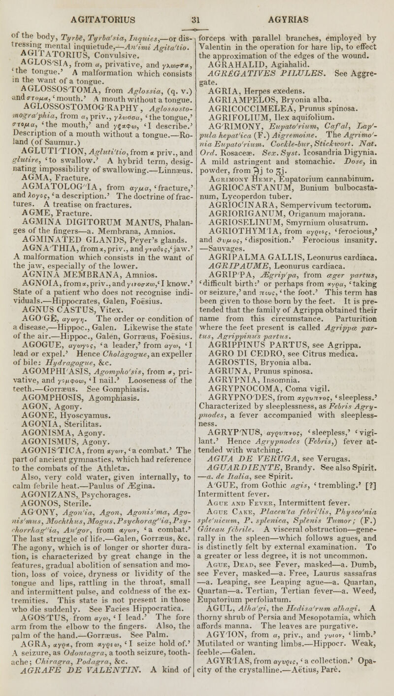 of the body, Tyrbe, Tyrba'sia, Lu/uies,—OT dis- tressing mental inquietude,—An'imi Agita'tio. AGITATORIUS, Convulsive. AGLOS'SIA, from a, privative, and yhwo-rct, 'the tongue.' A malformation which consists in the want of a tongue. AGLOSSOS'TOMA, from Aglossia, (q. v.) and a-ru/^a,' mouth.' A mouth without a tongue. AGLOSSOSTOMOGRAPHY, Aglossosto- mogra'phia, from a, priv., yXwaaa, 'thetongue,' f-To^a, <the mouth,' and y$*<pco, 'I describe.' Description of a mouth without a tongue.—Ro- land (of Saumur.) AGLUTPTION, Agluti'tio, from * priv., and glutire, 'to swallow.' A hybrid term, desig- nating impossibility of swallowing.—Linnaeus. AGMA, Fracture. AGMATOLOG'IA, from ay pa, 'fracture,' and Xoyog, 'a description.' The doctrine of frac- tures. A treatise on fractures. AGME, Fracture. AGMINA DIGITORUM MANUS, Phalan- ges of the fingers—a. Membrana, Amnios. AGMINATED GLANDS, Peyer's glands. AGNA'THIA,from*,priv., andyva^o$,'ja.\v., A malformation which consists in the want of the jaw, especially of the lower. AGNINA MEMBRANA, Amnios. AGNOIA, from*, priv., and ytvoo-y.w,' I know.' State of a patient who does not recognise indi- viduals.—Hippocrates, Galen, Foe'sius. AGNUS CASTUS, Vitex. AGO'GE, aywyrj. The order or condition of a disease,—Hippoc, Galen. Likewise the state of the air.—Hippoc, Galen, Gorraeus, Foesius. AGOGUE, ayuiyoc, 'a leader,' from ay to, 'I lead or expel.' Hence Ckolagogue,an expeller of bile; Hydragogue, &c. AGOMPHPASIS, Agompho'sis, from «, pri- vative, and yofiyow, 'I nail.' Looseness of the teeth.—Gorraeus. See Gomphiasis. AGOMPHOSIS, Agomphiasis. AGON, Agony. AGONE, Hyoscyamus. AGONIA, Sterilitas. AGONISMA, Agony. AGONISMUS, Agony. AGONISTICA, from *ywr, 'a combat.' The part of ancient gymnastics, wbich had reference to the combats of the Athletae. Also, very cold water, given internally, to calm febrile heat.—Paulus of JEgina.. AGONIZANS, Psychorages. AGONOS, Sterile. AG'ONY, Agon'ia, Agon, Agonis'ma, Ago- nis'mus, Mochthus, Mogus.Psychoragia,Psy- ■ ■//orr/,agia, An'gor, from etyaiv, 'a combat.' The last struggle of life.—Galen, Gorraeus, &c. The agony, which is of longer or shorter dura- tion, is characterized by great change in the features, gradual abolition of sensation and mo- tion, loss of voice, dryness or lividity of the tongue and lips, rattling in the throat, small and intermittent pulse, and coldness of the ex- tremities. This state is not present in those who die suddenly. See Facies Hippocratica. AGOS'TUS, from «yt», 'I lead.' The fore arm from the elbow to the fingers. Also, the palm of the hand.—Gorraeus. See Palm. AGRA, ayQ*, from xyoiw, ' I seize hold of.' A seizure, as Odontagra, a tooth seizure, tooth- ache; Chiragra, Podagra, &c. AGRAFE DE VALENTIN. A kind of forceps with parallel branches, employed by Valentin in the operation for hare lip, to effect the approximation of the edges of the wound. AGRAHALID, Agiahalid. AGR£GATIVES PILULES. See Aggre- gate. AGRIA, Herpes exedens. AGRIAMPELOS, Bryonia alba. AGRICOCCIMELEA, Prunus spinosa. AGRIFOLIUM, Ilex aquifolium. AG'RIMONY, Eupato'rium, Caf'al, Lap'- pula hepat'ica (F.) Aigremoine. The Agrimo'- nia Eupato'rium. Cockle-toir,Stickwort. Nat. Ord. Rosaceae. Sex.Syst. Icosandria Digynia. A mild astringent and stomachic. Dose, in powder, from T)j to gj. Agrimony Hemp, Eupatorium cannabinum. AGRIOCASTANUM, Bunium bulbocasta- num, Lycoperdon tuber. AGRIOCINARA, Sempervivum tectorum. AGRIORIGANUM, Origanum majorana. AGRIOSELINUM, Smyrnium olusatrum. AGRIOTHYM'IA, from ayo,0(, 'ferocious,' and 9vfjtoq, 'disposition.' Ferocious insanity. —Sauvages. AGRIPALMA GALLIS, Leonurus cardiaca. AGRIPAUME, Leonurus cardiaca. AGRIP'PA, JEgrip'pa, from ceger partus, 'difficult birth:' or perhaps from *yq<x, 'taking or seizure,' and novc, 'the foot.' This term has been given to those born by the feet. It is pre- tended that the family of Agrippa obtained their name from this circumstance. Parturition where the feet present is called Agrippcs par- tus, Agrippiniis partus. AGRIPPINUS PARTUS, see Agrippa. AGRO DI CEDRO, see Citrus medica. AGROSTIS, Bryonia alba. AGRUNA, Prunus spinosa. AGRYPNIA, Insomnia. AGRYPNOCOMA, Coma vigil. AGRYPNO'DES, from xyovrivo?, 'sleepless.' Characterized by sleeplessness, as Febris Agry- pnodes, a fever accompanied with sleepless- ness. AGRYP'NUS, ayovixvot, 'sleepless,' 'vigi- lant.' Hence Agrypnodes (Febris,) fever at- tended with watching. AGTJA DE VERUGA, see Verugas. AGUARDIENTE, Brandy. See also Spirit. —a. de Italia, see Spirit. A'GUE, from Gothic agis, 'trembling.' [?] Intermittent fever. Ague and Fever, Intermittent fever. Ague Cake, Placen'ta febri'lis, Physco'nia sple'nicum, P. splenica, Splenis Tumor; (F.) Gateau febrile. A visceral obstruction—gene- rally in the spleen—which follows agues, and is distinctly felt by external examination. To a greater or less degree, it is not uncommon. Ague, Dead, see Fever, masked—a. Dumb, see Fever, masked—a. Free, Laurus sassafras —a. Leaping, see Leaping ague—a. Quartan, Quartan—a. Tertian, Tertian fever—a. Weed, Eupatorium perfoliatum. AGUL, Alha'gi, the Hedisa'rum alhagi. A thorny shrub of Persia and Mesopotamia, which affords manna. The leaves are purgative. AGY'ION, from «, priv., and yvior, ' limb.' Mutilated or wanting limbs.—Hippocr. Weak, feeble.—Galen. AGYR'IAS, from ayvoic,' a collection.' Opa- city of the crystalline.—Aetius, Par6.