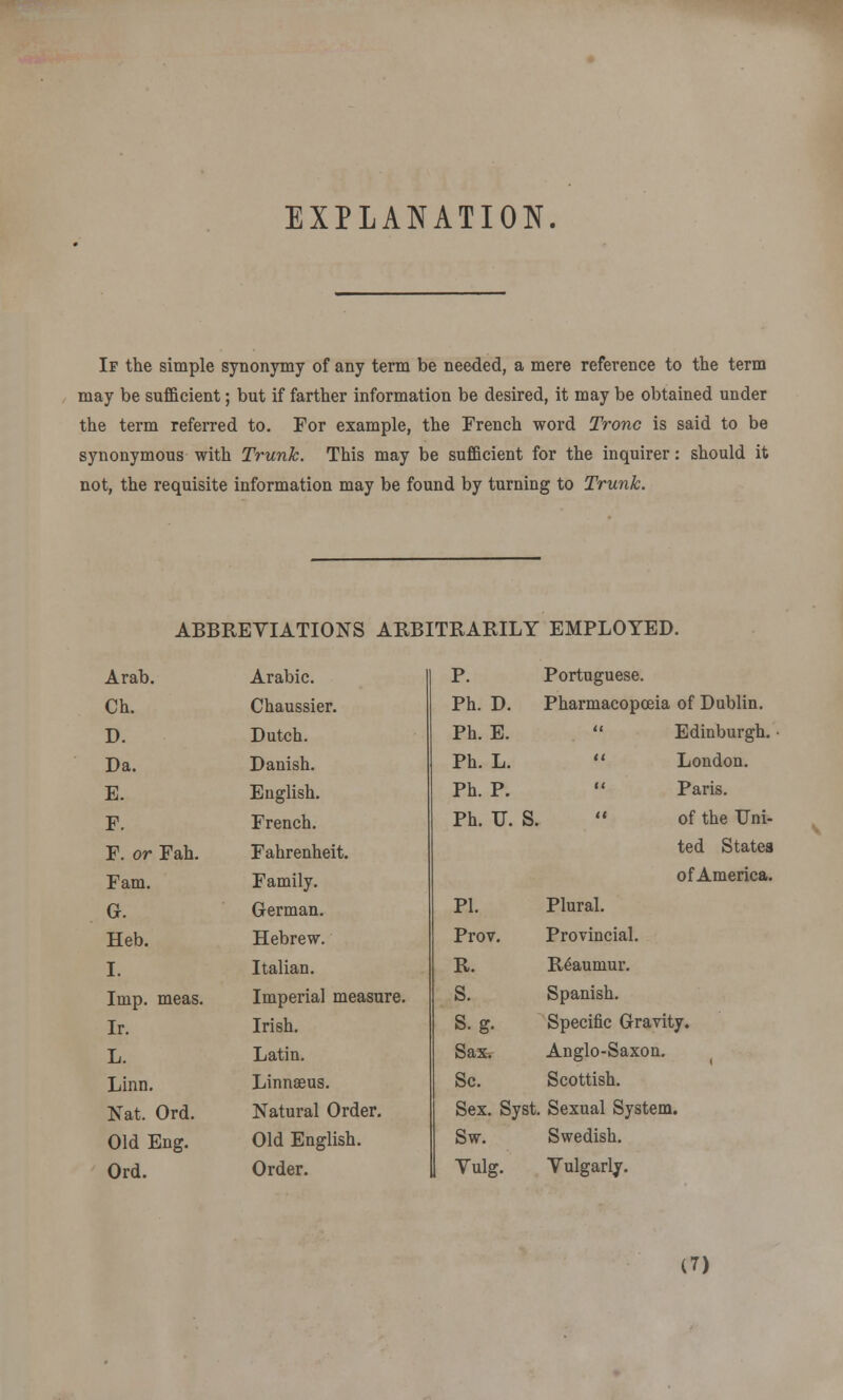 EXPLANATION. If the simple synonymy of any term be needed, a mere reference to the term may be sufficient; but if farther information be desired, it may be obtained under the term referred to. For example, the French word Tronc is said to be synonymous with Trunk. This may be sufficient for the inquirer: should it not, the requisite information may be found by turning to Trunk. ABBREVIATIONS ARBITRARILY EMPLOYED. Arab. Arabic. P. Portuguese. Ch. Chaussier. Ph. D. Pharmacopoeia of Dublin. D. Dutch. Ph. E. ti Edinburgh. Da. Danish. Ph. L. it London. E. English. Ph. P. «( Paris. F. French. Ph. U. S n of the Uni- F. or Fah. Fahrenheit. ted States Fam. Family. ofAmerica. G. German. PI. Plural. Heb. Hebrew. Prov. Provincial. I. Italian. R. Reaumur. Imp. meas. Imperial measure. S. Spanish. Ir. Irish. s.g. Specific Gravity. L. Latin. Sax. Anglo-Saxon. » Linn. Linnaeus. Sc. Scottish. Nat. Ord. Natural Order. Sex. Syst . Sexual System. Old Eng. Old English. Sw. Swedish. Ord. Order. Vulg. Vulgarly.