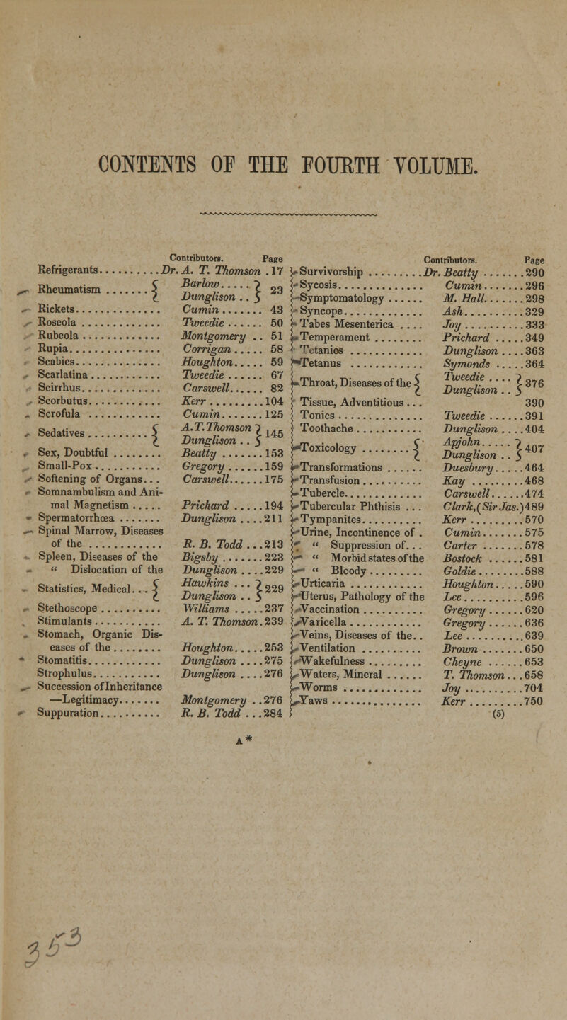 CONTENTS OF THE FOURTH VOLUME. Refrigerants. Rheumatism Rickets , Roseola Rubeola Rupia Corrigan Scabies Houghton 23 Contributors. Page ..Dr.A. T. Thomson .17 C Barlow... (_ Dunglison Cumin 43 Tweedie 50 Montgomery .. 51 ~  58 59 Scarlatina Tweedie 67 Scirrhus Carswell 82 Scorbutus Kerr 104 Scrofula Cumin 125 Sedatives S A.T.Th<,mson ^ ^^^ i Dunguson .. $ Sex, Doubtful Beatty 153 Small-Pox Gregory 159 Softening of Organs... Carswell 175 Somnambulism and Ani- mal Magnetism Prichard 194 Spermatorrhoea Dunglison .... 211 Spinal Marrow, Diseases of the Spleen, Diseases of the  Dislocation of the Contributors. 'Survivorship Dr. Beatty ... I^Sycosis Cumin... |--Symptomatology M. Hall... s- Syncope Ash • Tabes Mesenterica .... Joy .Temperament Prichard . Tetanies Dunglison •Tetanus Symonds . ^Throat, Diseases of the S ^^^^^f ■ ■ (_ Dunglison. Tissue, Adventitious ... ..290 ..296 ..298 ..329 ..333 ..349 ..363 ..364 ^376 390 >- Statistics, Medical. R. B. Torfd...213 Bigsby 223 Dunglison .... 229 Hawkins • • • ? 009 Dunglison .. 3 Stethoscope Williams 237 Stimulants A.T. Thomson. 239 Stomach, Organic Dis- eases of the Houghton 253 Stomatitis Dunglison 275 Strophulus Dunglison 276 Succession of Inheritance —Legitimacy Montgomery .. 276 Suppuration R, B. Todd ... 284 Tonics Tweedie 391 Toothache Dunglison .... 404 '™'»^y { X^»»■:■.^' Transformations Duesbury 464 Transfusion Kay 468 Tubercle Carswell 474 ■Tubercular Phthisis ... Clark,{SirJas.)4:%9 Tympanites Kerr 570 'Urine, Incontinence of . Cumin 575 Suppression of... Carter 578 Morbid states of the Bostock 581 Bloody Goldie 588 •Urticaria Houghton 590 J'-Uterus, Pathology of the Lee 596 ^'Vaccination Gregory 620 rVaricella Gregory 636 Veins, Diseases of the.. Lee 639 Ventilation Brown 650 vWakefulness Cheyne 653 ■Waters, Mineral T. Thomson... 658 ►Worms Joy 704 -Yaws Kerr 750 (5) 3 r3