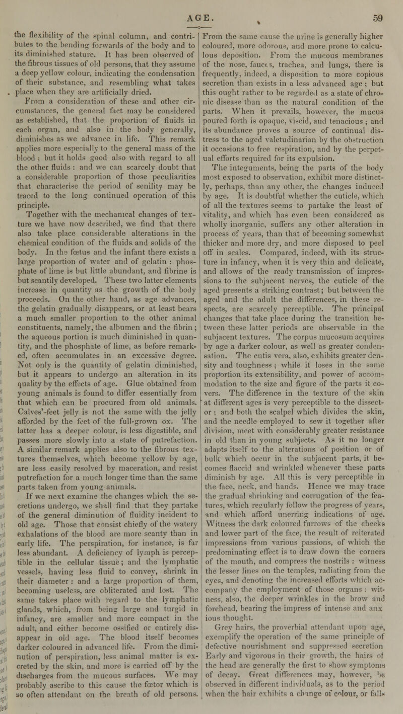 the flexibility of the spinal column, and contri- butes to the bending forwards of the body and to its diminished stature. It has been observed of the fibrous tissues of old persons, that they assume a deep yellow colour, indicating the condensation of their substance, and resembling what takes place when they are artificially dried. From a consideration of these and other cir- cumstances, the general fact may be considered as established, that the proportion of fluids in each organ, and also in the body generally, diminishes as we advance in life. This remark applies more especially to the general mass of the blood ; but it holds good also with regard to all the other fluids : and we can scarcely doubt that a considerable proportion of those peculiarities that characterise the period of senility may be traced to the long continued operation of this principle. Together with the mechanical changes of tex- ture we have now described, we find that there also take place considerable alterations in the chemical condition of the fluids, and solids of the body. In the foetus and the infant there exists a large proportion of water and of gelatin : phos- phate of lime is but little abundant, and fibrine is but scantily developed. These two latter elements increase in quantity as the growth of the body proceeds. On the other hand, as age advances, the gelatin gradually disappears, or at least bears a much smaller proportion to the other animal constituents, namely, the albumen and the fibrin ; the aqueous portion is much diminished in quan- tity, and the phosphate of lime, as before remark- ed, often accumulates in an excessive degree. Not only is the quantity of gelatin diminished, but it appears to undergo an alteration in its quality by the effects of age. Glue obtained from young animals is found to differ essentially from that which can be procured from old animals. Calves'-feet jelly is not the same with the jelly afforded by the feet of the full-grown ox. The latter has a deeper colour, is less digestible, and passes more slowly into a state of putrefaction. A similar remark applies also to the fibrous tex- tures themselves, which become yellow by age, are less easily resolved by maceration, and resist putrefaction for a much longer time than the same parts taken from young animals. If we next examine the changes which the se- cretions undergo, we shall find that they partake of the general diminution of fluidity incident to old age. Those that consist chiefly of the watery exhalations of the blood are more scanty than in early life. The perspiration, for instance, is far less abundant. A deficiency of lymph is percep- tible in the cellular tissue; and the lymphatic vessels, having less fluid to convey, shrink in their diameter : and a large proportion of them, becoming useless, are obliterated and lost. The same takes place with regard to the lymphatic, glands, which, from being large and turgid in infancy, are smaller and more compact in the adult, and either become ossified or entirely dis- appear in old age. The blood itself becomes darker coloured in advanced life. From the dimi- nution of perspiration, less animal matter is ex- creted by the skin, arid more is carried off by the discharges from the mucous surfaces. We may probably ascribe to this cause the fcetor which is so often attendant on the breath of old persons. From the same cause the urine is generally higher coloured, more odorous, and more prone to calcu- lous deposition. From the mucous membranes of the nose, fauctii, trachea, and lungs, there is frequently, indeed, a disposition to more copious secretion than exists in a less advanced age ; but this ought rather to be regarded as a state of chro- nic disease than as the natural condition of the parts. When it prevails, however, the mucus poured forth is opaque, viscid, and tenacious ; and its abundance proves a source of continual dis- tress to the aged valetudinarian by the obstruction it occasions to free respiration, and by the perpet- ual efforts required for its expulsion. The integuments, being the parts of the body mo«t exposed to observation, exhibit more distinct- ly, perhaps, than any other, the changes induced by age. It is doubtful whether the cuticle, which of all the textures seems to partake the least of vitality, and which has even been considered as wholly inorganic, suffers any other alteration in process of years, than that of becoming somewhat thicker and more dry, and more disposed to peel off in scales. Compared, indeed, with its struc- ture in infancy, when it is very thin and delicate, and allows of the ready transmission of impres- sions to the subjacent nerves, the cuticle of the aged presents a striking contrast; but between the aged and the adult the differences, in these re- spects, are scarcely perceptible. The principal changes that take place during the transition be- tween these latter periods are observable in the subjacent textures. The corpus mucosum acquires by age a darker colour, as well as greater conden- sation. The cutis vera, also, exhibits greater den- sity and toughness ; while it loses in the same proportion its extensibility, and power of accom- modation to the size and figure of the parts it co- vers. The difference in the texture of the skin at different ages is very perceptible to the dissect- or ; and both the scalpel which divides the skin, and the needle employed to sew it together after division, meet with considerably greater resistance in old than in young subjects. As it no longer adapts itself to the alterations of position or of bulk which occur in the subjacent parts, it be- comes flaccid and wrinkled whenever these parts diminish by age. All this is very perceptible in the face, neck, and hands. Hence we may trace the gradual shrinking and corrugation of the fea- tures, which regularly follow the progress of years, and which afford unerring indications of age. Witness the dark coloured furrows of the cheeks and lower part of the face, the result of reiterated impressions from various passions, of which the predominating effect is to draw down the corners of the mouth, and compress the nostrils : witness the lesser lines on the temples, radiating from the eves, and denoting the increased efforts which ac- company the employment of those organs : wit- ness, also, the deeper wrinkles in the brow and forehead, bearing the impress of intense and anx ious thought. (Irey hairs, the proverbial attendant upon age, exemplify the operation of the same principle of defective nourishment and suppressed secretion Early and vigorous in their growth, the hairs of the head are generally the first to show symptoms of decay. Great differences may, however, be observed in different individuals, as to the period when the hair exhibits a change of colour, or falls