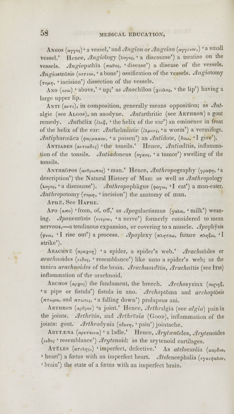 Angos (ayyos)' a vessel,' and Angion or Angeion (ayyuov,) ' a small vessel.' Hence, Angiology (xoyos, ' a discourse') a treatise on the vessels. Angiopathia (rtafloj, ' disease') a disease of the vessels. .Ang-toste5sis (ootsov,' a bone') ossification of the vessels. Angiotomy (■tow, ' incision') dissection of the vessels. Ano (ayw) ' above,' ' up;' as .Anoehilon (*t ao$, ' the lip') having a large upper lip. Anti (cwt'i), in composition, generally means opposition; as Ant- algic (see Algos), an anodyne. .A/i/arthritic (see Arthron) a gout remedy. Anthelix (Ixtf, ' the helix of the ear') an eminence in front of the helix of the ear: .An/helmintic (ixpws, 'a worm') a vermifuge. .Anfipharmaca (fyappaxov, 'a poison') an Antidote, (8ou>, 'I give'). Antiades (avtiaSci) 'the tonsils.' Hence, Antiaditis, inflamma- tion of the tonsils. Antiadoncus (oyxos, ' a tumor') swelling of the tonsils. Anthropos (aj>0pcorfoj) 'man.' Hence, .Att£/zropography (ypa^, 'a description') the Natural History of Man: as well as Anthropology (xoyoj, 'a discourse'). .An/Aro/)ophagus (<j>ay«, 'I eat') a man-eater. Anthropotomy (topy, ' incision') the anatomy of man. AphE, See Haphe. Apo (a?to) 'from, of, ofT,' as .Apogalactismus (yoa.a, 'milk') wean- ing. .Aponeurosis (vtvpov, ' a nerve') formerly considered to mean nervous,—a tendinous expansion, or covering to a muscle. .Apophysis (<j)vco, 'I rise out') a process. .Apoplexy (rt^oow, future rfkrfa, 'I strike'). Arachne (apaxvri) 'a spider, a spider's web.' Arachnodes or arachno'ides (siSoj, ' resemblance') like unto a spider's web; as the tunica arachnoides of the brain. Arachnoiditis, Arachnitis (see Itis) inflammation of the arachnoid. Archos (ap^o;) the fundament, the breech. .Arc/tosyrinx (ev^yt, 1 a pipe or fistula') fistula in ano. .ArcAoptoma and arcAoptosis (rtrco/ia, and m:<x>gic„ ' a falling down') prolapsus ani. Arthron (apOpov) 'a joint.' Hence, Arthralgia, (see algia) pain in the joints. Arthritis, and Arthrosia (Good), inflammation of the joints: gout. Arthrodynia (o&wrj, ' pain') jointache. Aryt.ena (apvtaivo) ' a ladle.' Hence, Arytsenodes, Arytenoids (ftSoj ' resemblance') Arytenoid: as the arytenoid cartilages. AtEles (ewtjtyj,) ' imperfect, defective.' As atelocardia (*ap5ia, ' heart') a fcetus with an imperfect heart. .A/e/encephalia {tyx^oXov, 1 brain') the state of a fcetus with an imperfect brain.