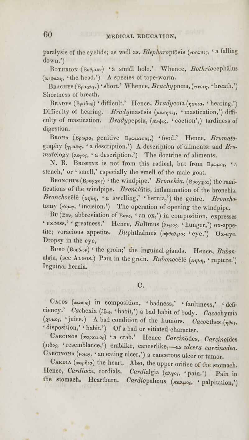 paralysis of the eyelids; as well as, Blep/utroptds'is (jtracus, ' a falling down.') Bothrion (BoOpiov) ' a small hole.' Whence, 2?o/ArJ0cephalus (xs^ax?;, 'the head.') A species of tape-worm. Brachys (Bpa^vj,)' short.' Whence, Brachypnaza, (rtvon;,' breath.') Shortness of breath. Bradys (BpaSuj) ' difficult.' Hence. Bradyco'ia (qxoia, ' hearing.') Difficulty of hearing. Bradymasesis (/wkjjjcus, ' mastication,') diffi- culty of mastication. Bradypepsia, {ne^is, ' coction',) tardiness of digestion. Broma (Bpu^a, genitive Bpco^a-roj,) ' food.' Hence, Bromato- graphy (ypa^, ' a description.') A description of aliments: and Bro- matofogy (a.oyoj, ' a description.') The doctrine of aliments. N. B. Bromine is not from this radical, but from Bpw^oj, ' a stench,' or ' smell,' especially the smell of the male goat. Bronchus (Bpoy^o?) ' the windpipe.' Bronchia, (Bpoy^ia) the rami- fications of the windpipe. Bronchitis, inflammation of the bronchia. Bronchocele (xrjiv, ' a swelling,' ' hernia,') the goitre. Broncho- tomy (t'o^, ' incision.') The operation of opening the windpipe. Bu (Bod, abbreviation of Bwj, * an ox,') in composition, expresses • excess,' « greatness.' Hence, Mlmus (xtfios, ' hunger,') ox-appe- tite; voracious appetite. i?i<phthalmus (o<j>0afy*os 'eye.') Ox-eye. Dropsy in the eye, Bubo (Bo»8av) ' the groin;' the inguinal glands. Hence, Bubon- algia, (see Algos.) Pain in the groin. Bubonocele (xnin, ' rupture.') Inguinal hernia. C. Cacos (*a*oj) in composition, 'badness,' ' faultiness,' 'defi- ciency.' Cachexia (||cj, ' habit,') a bad habit of body. Cacochymia (xvpos, 'juice.) A bad condition of the humors. Cacoethes (,9o$, ' disposition,' ' habit.') Of a bad or vitiated character. Carcinos (xapxwoj) <a crab.' Hence Carcinoses, Carcinoses (««<>$, ' resemblance,') crablike, cancerlike,--as ulcera carcinodea. Carcinoma (VoM, ' an eating ulcer,') a cancerous ulcer or tumor. Cardia (xapS«x) the heart. Also, the upper orifice of the stomach. Hence, Cardiaca, cordials. CWialgia (axyo?, ' pain.') Pain in the stomach. Heartburn. Cardiopalmus (*«*/«>«, 'palpitation,')