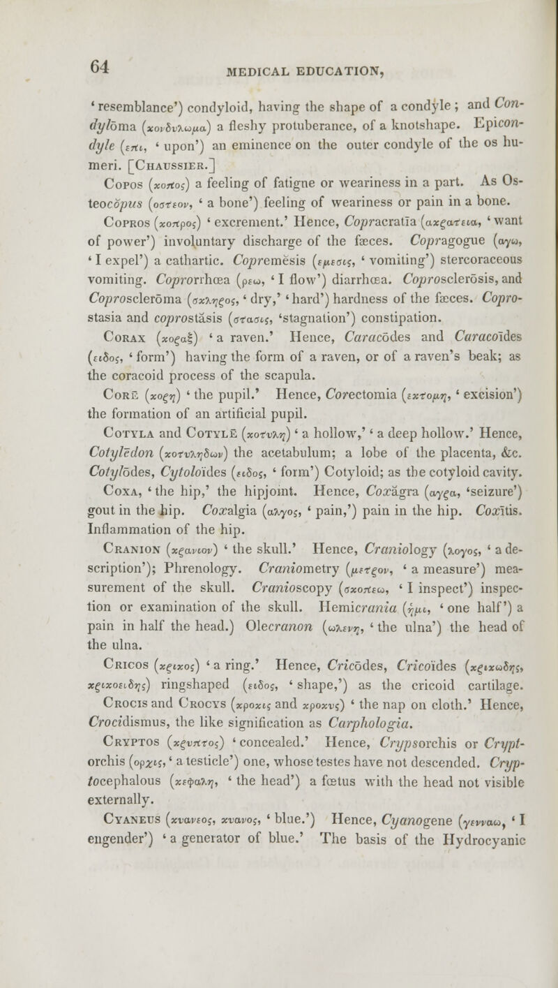 1 resemblance') condyloid, having the shape of a condyle ; and Con- dyloma, (xoj SuXioua) a fleshy protuberance, of a knotshape. Epicon- dy/e (srtt,, ' upon') an eminence on the outer condyle of the os hu- meri. [Chaussier.] Copos (xojtoi) a feeling of fatigne or weariness in a part. As Os- teocopus (oetsov, ' a bone') feeling of weariness or pain in a bone. Copros (xortpoj) 'excrement.' Hence, Copr acraiia (axga-tit,a, 'want of power') involuntary discharge of the faeces. Cojoragogue (oyw, * I expel') a cathartic. Copremesis (f/tcatj, ' vomiting') stercoraceous vomiting. Coprorrhcea (p£u>, ' I flow') diarrhoea. Coprosclerosis, and Co/jroscleroma (oxxrgos,' dry,' 'hard') hardness of the faeces. Copro- stasia and co/9rostasis [ciaati, 'stagnation') constipation. Corax (xogai) ' a raven.' Hence, Caracodes and Caracoiies (rtSoj, ' form') having the form of a raven, or of a raven's beak; as the coracoid process of the scapula. Core (xogri) ' the pupil.' Hence, Corectomla (ax-ro^,' excision') the formation of an artificial pupil. Cotyla and CotylE (xotv-xij)' a hollow,'' a deep hollow.' Hence, Cotyledon (xotv7,rj8u>v) the acetabulum; a lobe of the placenta, &c. Cotylodes, Cytolo'ides (*tSos, ' form') Cotyloid; as the cotyloid cavity. Coxa, 'the hip,' the hipjomt. Hence, Coxagra (oy^a, 'seizure') gout in the hip. Coxalgia (afcyoj, ' pain,') pain in the hip. Coxitis. Inflammation of the hip. Cranion (xgaviw) ' the skull.' Hence, Craniology (xoyoj, ' a de- scription'); Phrenology. Craniometry fat* gov, ' a measure') mea- surement of the skull. Cramoscopy (oxoksu, ' I inspect') inspec- tion or examination of the skull. Hemicranta (&p,t, ' one half) a pain in half the head.) Olecranon (wjni^, ' the ulna') the head of the ulna. Cricos (xgixoj) ' a ring.' Hence, Cncodes, Cn'coides (x£»*«S»?s, x^ixouhr^) ringshaped (juSoj, ' shape,') as the cricoid cartilage. Crocis and Crocys (xpoxtj and xpoxus) ' the nap on cloth.' Hence, Croadismus, the like signification as Ccwphologia. Cryptos (x^vrtios) ' concealed.' Hence, Crypsovchis or Crypt- orchis (op^ij,' a testicle') one, whose testes have not descended. Cryp- /ocephalous (xt^a^, ' the head') a foetus with the head not visible externally. Cyaneus [xvavtoi, xvavo;, ' blue.') Hence, Cyanogene (ytwau, ' I engender') ' a generator of blue.' The basis of the Hydrocyanic