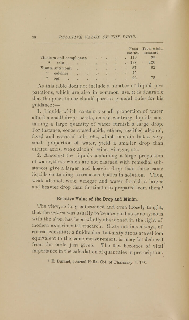 From From minim bottles. measure. Tiuctura opii campliorata . no 95 . 138 120 Viuum antimonii . . • . 87 62  colchici . • . 75  opii . . 92 78 As this table does not include a number of liquid pre- parations, which are also in common use, it is desirable that the practitioner should possess general rules for his guidance:— 1. Liquids which contain a small proportion of water afford a small drop; while, on the contrary, liquids con- taining a large quantity of water furnish a large drop. For instance, concentrated acids, ethers, rectified alcohol, fixed and essential oils, etc., which contain but a very small proportion of water, yield a smaller drop than diluted acids, weak alcohol, wine, vinegar, etc. 2. Amongst the liquids containing a large proportion of water, those which are not charged with remedial sub- stances give a larger and heavier drop than these same liquids containing extraneous bodies in solution. Thus, weak alcohol, wine, vinegar and water furnish a larger and heavier drop than the tinctures prepared from them.1 Relative Value of the Drop and Minim. The view, so long entertained and even loosely taught, that the minim was usually to be accepted as synonymous with the drop, has been wholly abandoned in the light of modern experimental research. Sixty minims always, of course, constitute a fluidrachm, but sixty drops are seldom equivalent to the same measurement, as may be deduced from the table just given. The fact becomes of vital importance in the calculation of quantities in prescription- 1 E. Durand, Journal Phila. Col. of Pharmacy, i. 168.