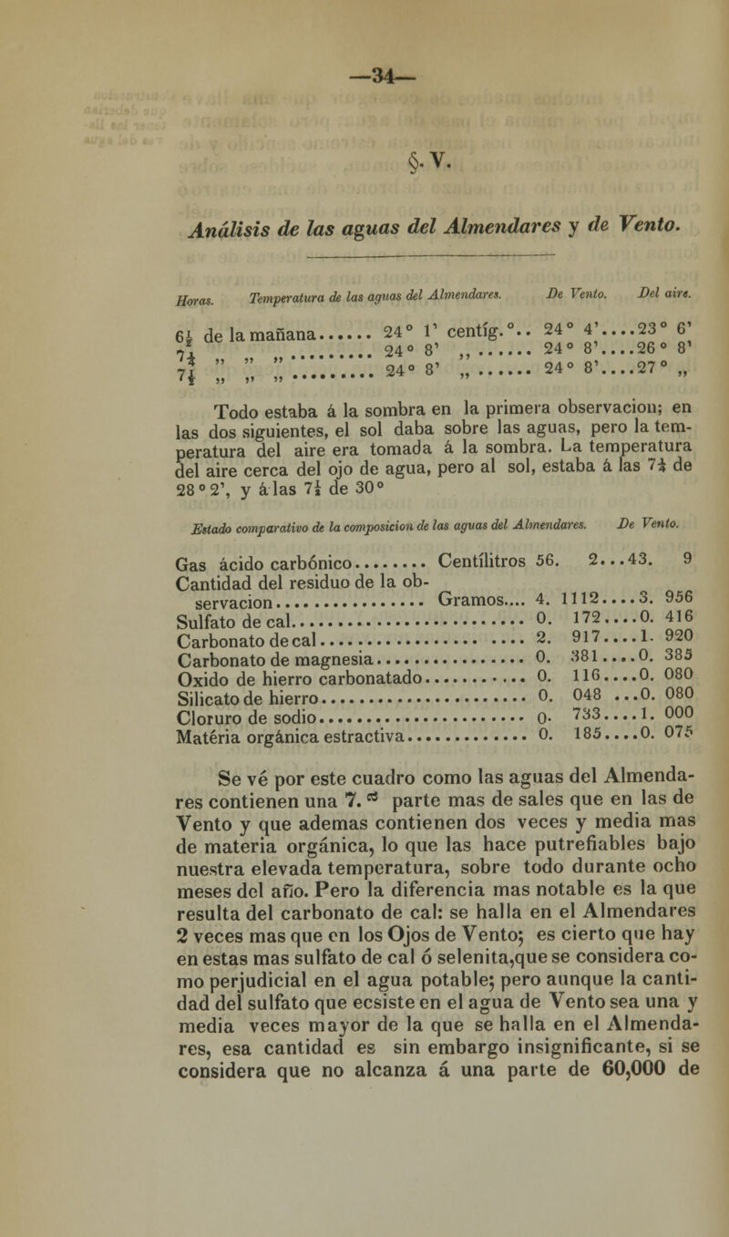 —34— §.V. Análisis de las aguas del Almendares y de Vento. Horas. Temperatura de las aguas del Almendares. Be Vento. Bel aire. 6* delamañana 24° V centíg.0.. 24° 4'....23° 6' ,* 24° 8' „ 24° 8'... .26° 8' i\ ;; ;; :;:::: **<* , *•*„.-.*•.* Todo estaba á la sombra en la primera observación; en las dos siguientes, el sol daba sobre las aguas, pero la tem- peratura del aire era tomada á la sombra. La temperatura del aire cerca del ojo de agua, pero al sol, estaba á las 7* de 28°2', y alas 7¿ de 30° Estado comparativo de la composición de las aguas del Almendares. Be Vento. Gas ácido carbónico Centilitros 56. 2...43. 9 Cantidad del residuo de la ob- servación Gramos.... 4. 1112....3. 956 Sulfatodecal 0. 172....0. 416 Carbonato de cal 2. 917....1.920 Carbonato de magnesia 0. 381....0. 385 Oxido de hierro carbonatado 0. 116 0. 080 Silicato de hierro 0. 048 ...0.080 Cloruro de sodio 0- 733 1.000 Materia orgánica estractiva 0. 185.... 0. 075 Se vé por este cuadro como las aguas del Almenda- res contienen una 7.rt parte mas de sales que en las de Vento y que ademas contienen dos veces y media mas de materia orgánica, lo que las hace putrefiables bajo nuestra elevada temperatura, sobre todo durante ocho meses del afío. Pero la diferencia mas notable es la que resulta del carbonato de cal: se halla en el Almendares 2 veces mas que en los Ojos de Vento; es cierto que hay en estas mas sulfato de cal ó selenita,que se considera co- mo perjudicial en el agua potable; pero aunque la canti- dad del sulfato que ecsiste en el agua de Vento sea una y media veces mayor de la que se halla en el Almenda- res, esa cantidad es sin embargo insignificante, si se considera que no alcanza á una parte de 60,000 de
