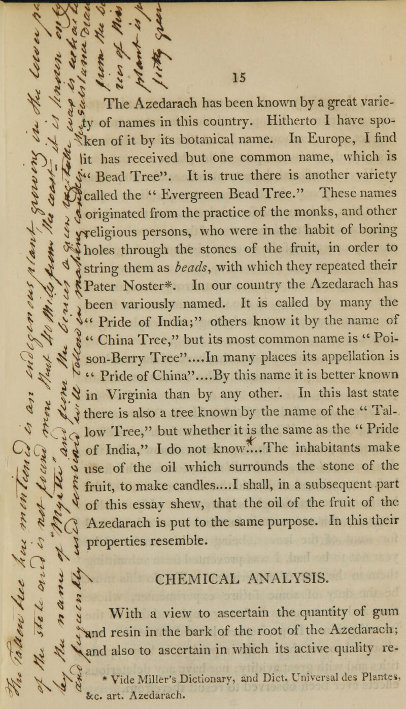 v* * t^ 1-5 i< 15 v <** ^N ^X ^§ ^s V ^ The Azedarach has been known by a great vane- j • m ^ Jty of names in this country. Hitherto 1 have spo- ^ M j^ken of it by its botanical name. In Europe, I find it has received but one common name, which is  Bead Tree. It is true there is another variety called the  Evergreen Bead Tree. These names originated from the practice of the monks, and other 5 yfdigious persons, who were in the habit of boring $4 holes through the stones of the fruit, in order to string them as beads, with which they repeated their Pater Noster*. In our country the Azedarach has been variously named. It is called by many the * Pride of India; others know it by the name of  China Tree, but its most common name is IC Poi- - ^ ^ ^ son-Berry Tree....In many places its appellation is ^ Jf N ct Pride of China....By this name it is better known * ' $ ^ in Virginia than by any other. In this last state ^ I ^M t*iere *s a^so a tree known by the name of the  Tal- ' ^ IL >^ low Tree, but whether it is the same as the  Pride CjCs ^ of India, I do not know....The inhabitants make 11 I i i ^ use of the oil which surrounds the stone of the k \^K £ fmit, to make candles....I shall, in a subsequent part § 4 ?\^ of this essay shew, that the oil of the fruit of the $ 3 ^(^ Azedarach is put to the same purpose. In this their > • § i properties resemble. v £ i ^\ CHEMICAL ANALYSIS. J [J * ^ With a view to ascertain the quantity of gum ^ ^ Nind resin in the bark of the root of the Azedarach; ^ \ ^ Vand also to ascertain in which its active quality re- vA vj A| * Vide Miller's Dictionary, and Diet. Universal des Plantes, ^ frr. art. Azedarach.