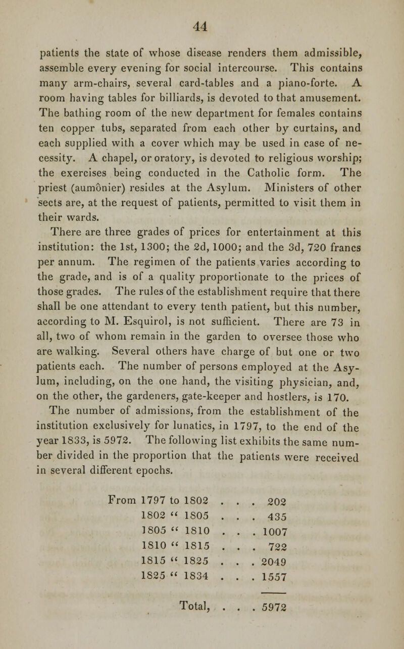 patients the state of whose disease renders them admissible, assemble every evening for social intercourse. This contains many arm-chairs, several card-tables and a piano-forte. A room having tables for billiards, is devoted to that amusement. The bathing room of the new department for females contains ten copper tubs, separated from each other by curtains, and each supplied with a cover which may be used in case of ne- cessity. A chapel, or oratory, is devoted to religious worship; the exercises being conducted in the Catholic form. The priest (aumonier) resides at the Asylum. Ministers of other sects are, at the request of patients, permitted to visit them in their wards. There are three grades of prices for entertainment at this institution: the 1st, 1300; the 2d, 1000; and the 3d, 720 francs per annum. The regimen of the patients varies according to the grade, and is of a quality proportionate to the prices of those grades. The rules of the establishment require that there shall be one attendant to every tenth patient, but this number, according to M. Esquirol, is not sufficient. There are 73 in all, two of whom remain in the garden to oversee those who are walking. Several others have charge of but one or two patients each. The number of persons employed at the Asy- lum, including, on the one hand, the visiting physician, and, on the other, the gardeners, gate-keeper and hostlers, is 170. The number of admissions, from the establishment of the institution exclusively for lunatics, in 1797, to the end of the year 1833, is 5972. The following list exhibits the same num- ber divided in the proportion that the patients were received in several different epochs. From 1797 to 1802 . . . 202 1802  1S05 . . . 435 1805  1810 . . . 1007 1S10  1815 . . . 722 1815  1825 . . . 2049 1S25  1834 . . . 1557 Total, 5972