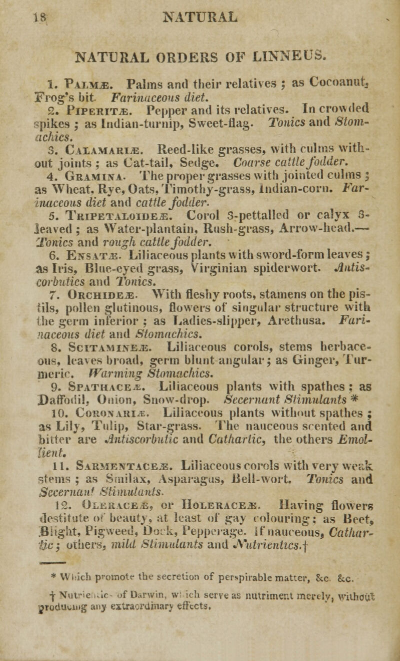 NATURAL ORDERS OF LINNEUS. 1. Paxmjs. Palms and their relatives ; as Cocoanutj Frog's bit. Farinaceous diet. 2. Piperita. Pepper and its relatives. In crowded spikes ; as Indian-turnip, Sweet-flag. Tonics and Stom- achics. 3. CaxamarijE. Reed-like grasses, with culms with- out joints ; as Cat-tail, Sedge. Coarse cattle fodder. 4. Gramina. The proper grasses with jointed culms ; as Wheat, Rye, Oats, Timothy-grass, Indian-corn. Far- inaceous diet and cattle fodder. 5. Tripetaloide^. Corol 3-pettalIed or calyx 3- leaved ; as Water-plantain, Rush-grass, Arrow-head.— Tonics and rough cattle fodder. 6. Ensatjs. Liliaceous plants with sword-form leaves; as Iris, Blue-eyed grass, Virginian spiderwort. Antis- corbutics and Tonics. 7. Orchideje. With fleshy roots, stamens on the pis- tils, pollen glutinous, flowers of singular structure with the germ inferior ; as Ladies-slipper, Arethusa. Fari- naceous diet and Stomachics. 8. Scitaminejs. Liliaceous corols, stems herbace- ous, leaves broad, germ blunt angular; as Ginger, Tur- meric. Warming Stomachics. 9. Spathace^. Liliaceous plants with spathes ; as Daffodil, Onion, Snow-drop. Secernant Stimulants * 10. Coronarije. Liliaceous plants without spathes ; as Lily, Tulip, Star-grass. The nauceous scented and bitter are Antiscorbutic and Cathartic, the others Emol- lient. 11. Sarmepjtaceje. Liliaceous corols with very weak stems ; as Stnilax, Asparagus, Bell-wort. Tonics and Secernant Stimulants. 12. Ojlerace/E, or Holerace^;. Having flowers destitute of beauty, at least of gay colouring; as Beet, Blight, Pigweed, Dock, Pepperage. if nauceous, Cathar- tic; others, mild Stimulants and JVutrieniics.-f * Which promote* the secretion of perspirable matter, &c. &c. ■jrNutriefiuc- of Darwin, w: ich serve as nutriment merely, without nrodUtatig any extraordinary effects.