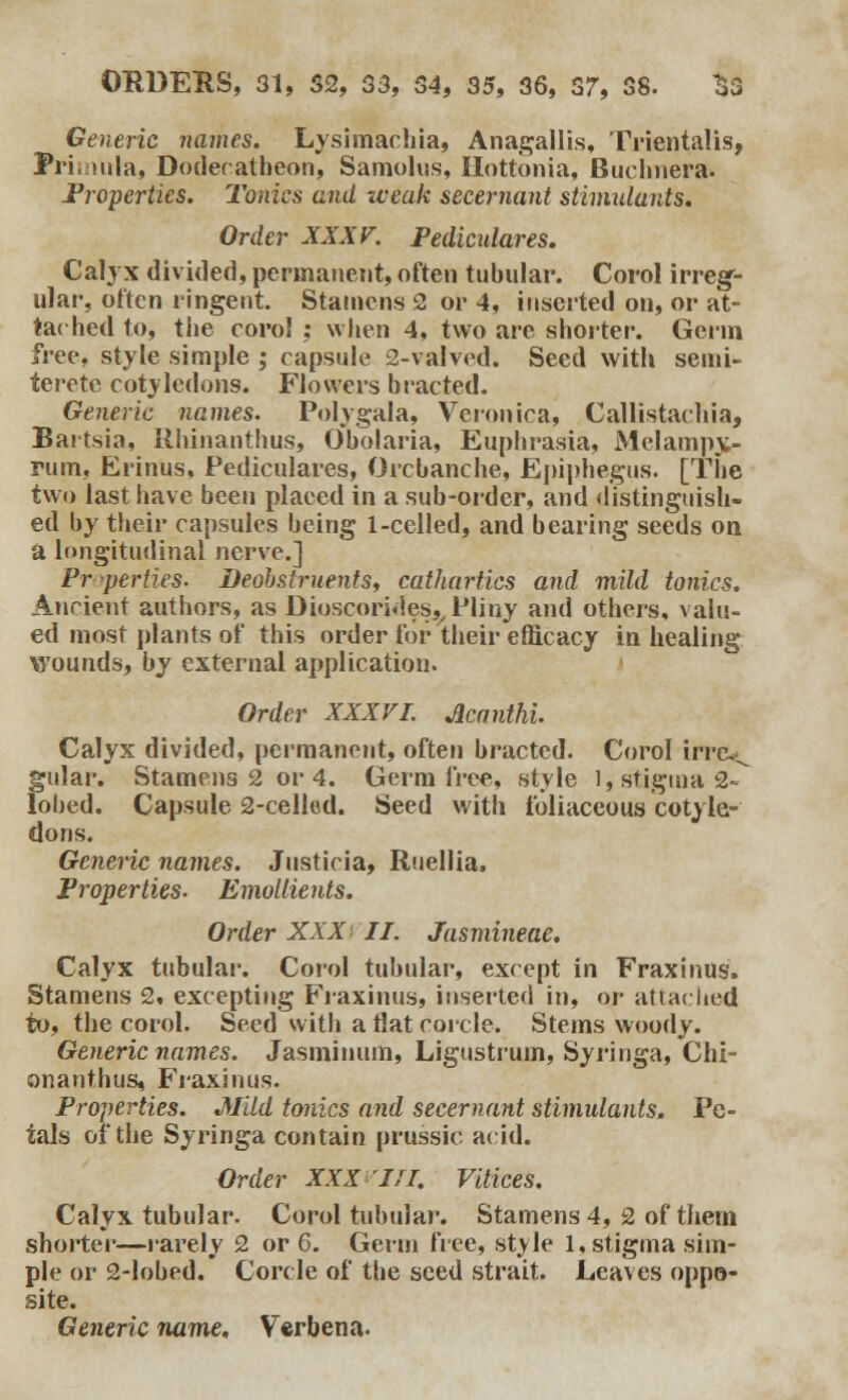 Generic names. Lysimachia, Anagallis, Trientalis, Pri; »ula, Dodecatheon, Samolus, Hottonia, Buehnera. Properties. Tonics and weak secernant stimulants. Order XXX V. Pedkulares. Calyx divided, permanent, often tubular. Corol irreg- ular, often ringent. Stamens 2 or 4, inserted on, or at- tached to, the corol ; when 4, two are shorter. Germ free, style simple ; capsule 2-valved. Seed with semi- terete cotyledons. Flowers bracted. Generic names. Poly gala, Veronica, Callistachia, Bartsia, Rhinanthus, Obolaria, Euphrasia, Melampy- rum, Erinus, Pediculares, Orcbanche, Epiphegus. [The two last have been placed in a sub-order, and distinguish- ed by their capsules being 1-celled, and bearing seeds on a longitudinal nerve.] Pr perties. Deobstruents, cathartics and mild tonics. Ancient authors, as Dioscorides,, Pliny and others, valu- ed most plants of this order for their efficacy in healing wounds, by external application. Order XXXVI. Acanthi. Calyx divided, permanent, often bracted. Corol irre< gular. Stamens 2 or 4. Germ free, style l, stigma 2- lobed. Capsule 2-celled. Seed with loliaceous cotyle- dons. Generic names. Justicia, Ruellia. Properties. Emollients. Order XXX' II. Jasmineae. Calyx tubular. Corol tubular, except in Fraxinus. Stamens 2, excepting Fraxinus, inserted in, or attached to, the corol. Seed with a flat corcle. Stems woody. Generic names. Jasminum, Ligustrum, Syringa, Chi- onanthus, Fraxinus. Properties. Mild tonics and secernant stimulants. Pe- tals of the Syringa contain prussic acid. Order XXX IfT. Vitices. Calyx tubular. Corol tubular. Stamens 4, 2 of them shorter—rarely 2 or 6. Germ free, style 1, stigma sim- ple or 2-lobed. Corcle of* the seed strait. Leaves oppo- site. Generic name. Verbena.