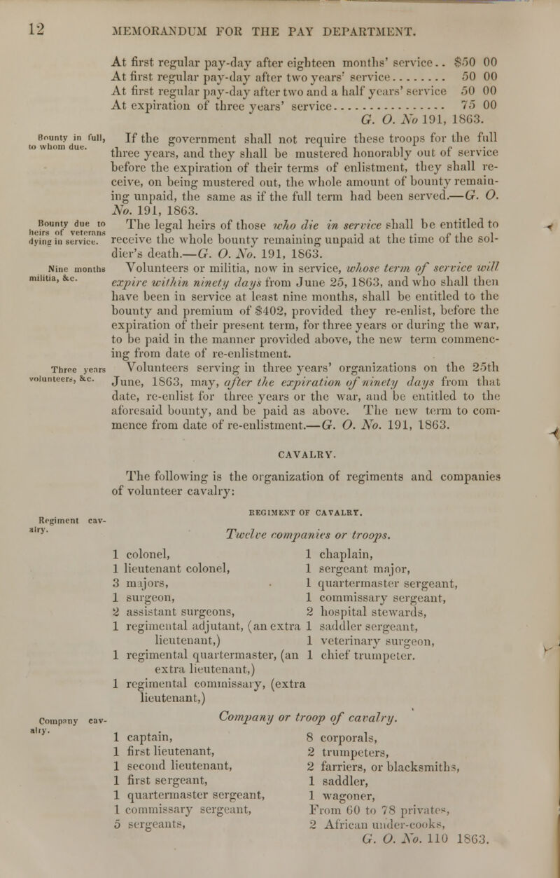 At first regular pay-day after eighteen months' service.. $50 00 At first regular pay-day after two years' service 50 00 At first regular pay-day after two and a half years'service 50 00 At expiration of three years' service 75 00 G. O. No 191, 1863. Bounty in full, If the government shall not require these troops for the full three years, and they shall be mustered honorably out of service before the expiration of their terms of enlistment, they shall re- ceive, on being mustered out, the whole amount of bounty remain- ing unpaid, the same as if the full term had been served.—G. O. No. 191, 1863. Bounty due to The legal heirs of those who die in service shall be entitled to lieirs of veterans . ,° , , , . . ., ,, ,. xl , dying in service, receive the whole bounty remaining unpaid at the time oi the sol- dier's death.—G. O. No. 191, 1863. Nine months Volunteers or militia, now in service, whose term of service will militia, &c. expire within ninety days from June 25, 1863, and who shall then have been in service at least nine months, shall be entitled to the bounty and premium of $402, provided they re-enlist, before the expiration of their present term, for three years or during the war, to be paid in the manner provided above, the new term commenc- ing from date of re-enlistment. Three yenrs Volunteers serving in three years' organizations on the 25th volunteers, &c. June, 1863, may, after the expiration of ninety days from that date, re-enlist for three years or the war, and be entitled to the aforesaid bounty, and be paid as above. The new term to com- mence from date of re-enlistment.— G. O. No. 191, 1863. CAVALRY. The following is the organization of regiments and companies of volunteer cavalry: REGIMENT OF CAVALRY. Twelve companies or troops. 1 colonel, 1 chaplain, 1 lieutenant colonel, 1 sergeant major, 3 majors, • 1 quartermaster sergeant, 1 surgeon, 1 commissary sergeant, 2 assistant surgeons, 2 hospital stewards, 1 regimental adjutant, (an extra 1 saddler sergeant, lieutenant,) 1 veterinary surgeon, 1 regimental quartermaster, (an 1 chief trumpeter. extra lieutenant,) 1 regimental commissary, (extra lieutenant,) company cav- Company or troop of cavalry. 1 captain, 8 corporals, 1 first lieutenant, 2 trumpeters, 1 second lieutenant, 2 farriers, or blacksmiths 1 first sergeant, 1 saddler, 1 quartermaster sergeant, 1 wagoner, 1 commissary sergeant, From 60 to 78 privates 5 sergeants, 2 African under-cooks, G. O. No. 110 1863. Regiment airy.