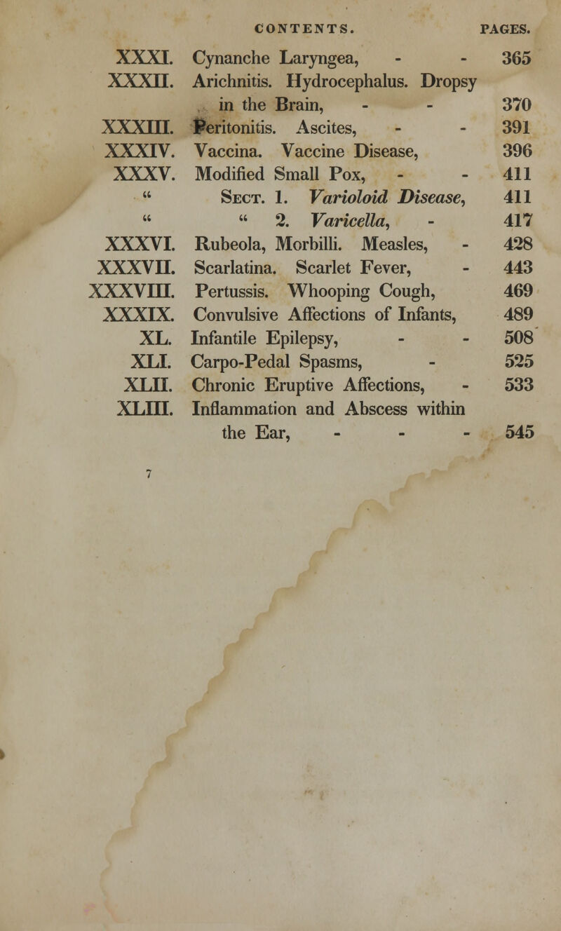 XXXI. Cynanche Laryngea, 365 XXXII. Arichnitis. Hydrocephalus. Dropsy in the Brain, 370 XXXIII. Peritonitis. Ascites, 391 XXXIV. Vaccina. Vaccine Disease, 396 XXXV. Modified Small Pox, 411 u Sect. 1. Varioloid Disease, 411 t(  2. Varicella, 417 XXXVI. Rubeola, Morbilli. Measles, 428 xxxvn. Scarlatina. Scarlet Fever, 443 xxxvni. Pertussis. Whooping Cough, 469 XXXIX. Convulsive Affections of Infants, 489 XL. Infantile Epilepsy, 508 XLI. Carpo-Pedal Spasms, 525 XLII. Chronic Eruptive Affections, 533 XLin. Inflammation and Abscess within the Ear, - 545