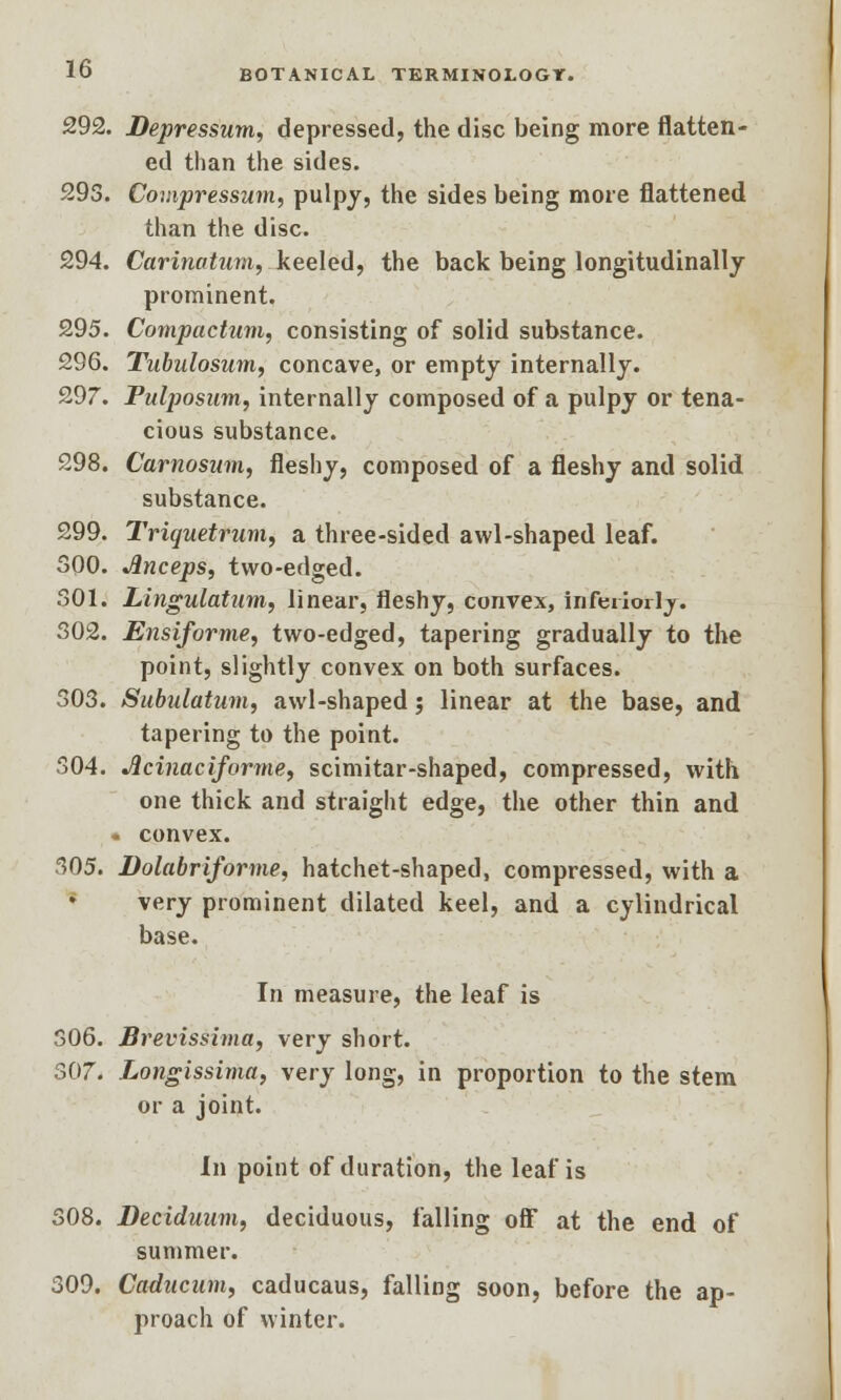 292. Depression, depressed, the disc being more flatten- ed than the sides. 293. Covipressum, pulpy, the sides being more flattened than the disc. 294. Carinatum, keeled, the back being longitudinally prominent. 295. Compactum, consisting of solid substance. 296. Tubulosum, concave, or empty internally. 297. Pulposivm, internally composed of a pulpy or tena- cious substance. 298. Carnosum, fleshy, composed of a fleshy and solid substance. 299. Triquetrnm, a three-sided awl-shaped leaf. 300. Anceps, two-edged. 301. Lingulatum, linear, fleshy, convex, infeiiorlj. 302. Ensiforme, two-edged, tapering gradually to the point, slightly convex on both surfaces. 303. Subulatum, awl-shaped; linear at the base, and tapering to the point. S04. Jlcinaciforme, scimitar-shaped, compressed, with one thick and straight edge, the other thin and • convex. 305. Dolabriforme, hatchet-shaped, compressed, with a very prominent dilated keel, and a cylindrical base. In measure, the leaf is 306. Brevissima, very short. 307. Longissima, very long, in proportion to the stem or a joint. In point of duration, the leaf is 308. JDeciduum, deciduous, falling off at the end of summer. 309. Cadncum, caducaus, falling soon, before the ap- proach of winter.