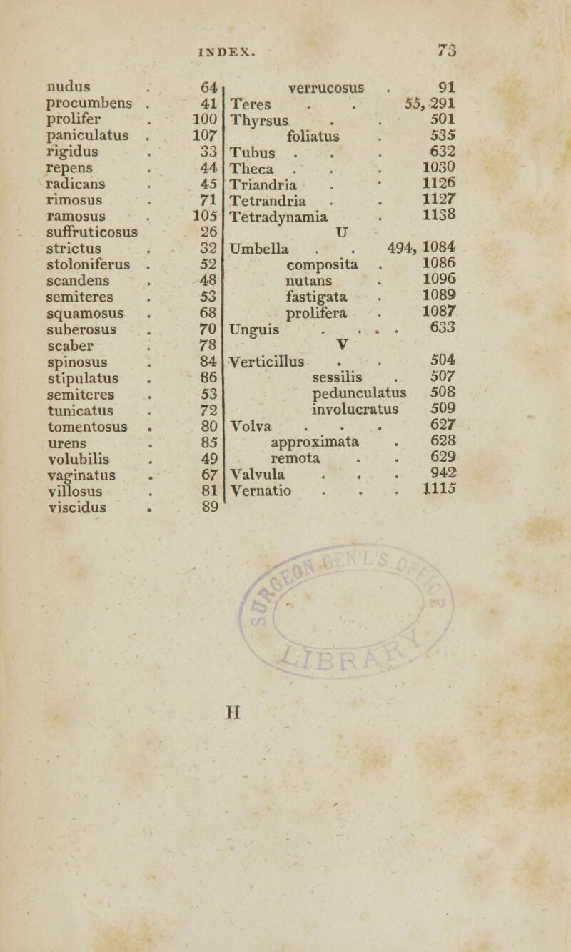 nudus 64 verrucosus 91 procumbens . 41 Teres 55, 291 prolifer 100 Thyrsus 501 paniculatus . 107 foliatus 535 rigidus 33 Tubus . 632 repens 44 Theca . 1030 radicans 45 Triandria 1126 rimosus 71 Tetrandria 1127 ramosus 105 Tetradynamia 1138 suffruticosus 26 U strictus 32 Umbella 494, 1084 stolon iferus 52 composita 1086 scandens 48 nutans 1096 semiteres 53 fastigata 1089 squamosus 68 prolifera 1087 suberosus 70 Unguis . • . 633 scaber 78 V spinosus 84 Verticillus 504 stipulates 86 sessilis 507 semiteres 53 pedunculatus 508 tunicatus 72 involucratus 509 tomentosus 80 Volva 627 urens 85 approximata 628 volubilis 49 remota 629 vaginatus 67 Valvula 942 villosus 81 Vernatio . 1115 viscidus 89 II