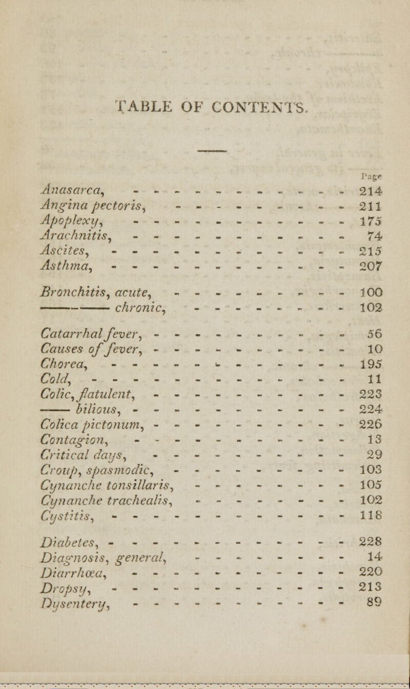 TABLE OF CONTEXTS. Anasarca, ----__...__ 214 Angina pectoris, ........ -211 Apoplexy, ........... 175 Arachnitis, ----.-_...- 74 Ascites, -----.-....- 215 Asthma, ------------ 207 Bronchitis, acute, ------- --100 chronic, -------- 102 Catarrhal fever, ---------- 56 Causes of fever, ---------- 10 Chorea, ------------ 195 Co/*/, 11 Colic, flatulent, 223 bilious, ----------- 224 Colic a pictonum, ---------- 226 Contagion, _-___------ 13 Critical days, ---------- 29 Croup, spasmodic, ---------103 Cynanche tonsillaris, -------- 105 Cynanche trachealis, -------- 102 Cystitis, 118 Diabetes, 228 Diagnosis, general, -------- 14 Diarrhoea, 220 Dropsy, 213 Dysentery, ----------- 89
