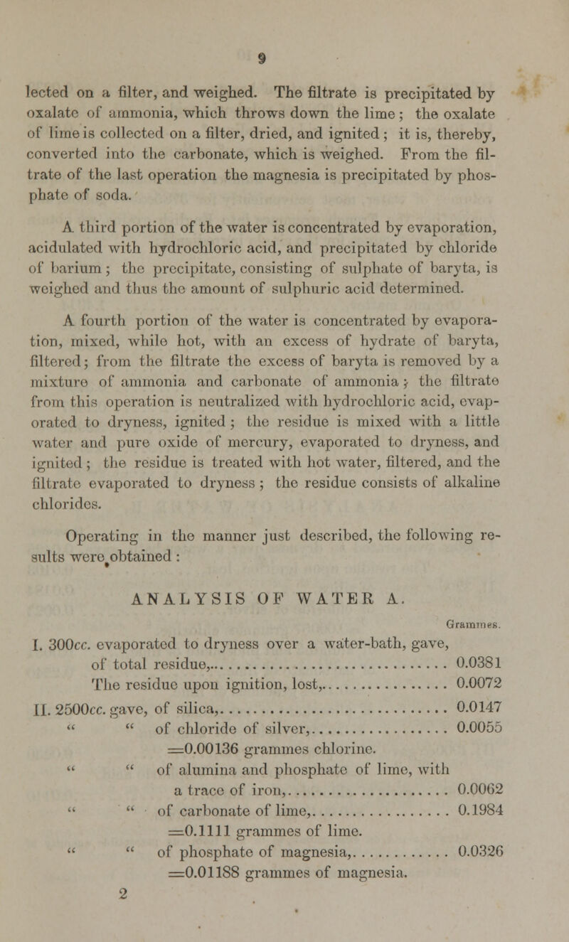 lected on a filter, and weighed. The filtrate is precipitated by oxalate of ammonia, which throws down the lime ; the oxalate of lime is collected on a filter, dried, and ignited ; it is, thereby, converted into the carbonate, which is weighed. From the fil- trate of the last operation the magnesia is precipitated by phos- phate of soda. A third portion of the water is concentrated by evaporation, acidulated with hydrochloric acid, and precipitated by chloride of barium ; the precipitate, consisting of sulphate of baryta, is weighed and thus the amount of sulphuric acid determined. A fourth portion of the water is concentrated by evapora- tion, mixed, while hot, with an excess of hydrate of baryta, filtered; from the filtrate the excess of baryta is removed by a mixture of ammonia and carbonate of ammonia j the filtrate from this operation is neutralized with hydrochloric acid, evap- orated to dryness, ignited ; the residue is mixed with a little water and pure oxide of mercury, evaporated to dryness, and ignited ; the residue is treated with hot water, filtered, and the filtrate evaporated to dryness ; the residue consists of alkaline chlorides. Operating in the manner just described, the following re- sults were obtained : ANALYSIS OF WATER A. Grammes. I. 300cc. evaporated to dryness over a water-bath, gave, of total residue, 0.0381 The residue upon ignition, lost, 0.0072 II. 2500cc. gave, of silica, 0.0147  of chloride of silver, 0.0055 =0.00136 grammes chlorine.   of alumina and phosphate of lime, with a trace of iron, 0.0062   of carbonate of lime, 0.1984 =0.1111 grammes of lime.   of phosphate of magnesia, 0.0326 =0.01188 grammes of magnesia.