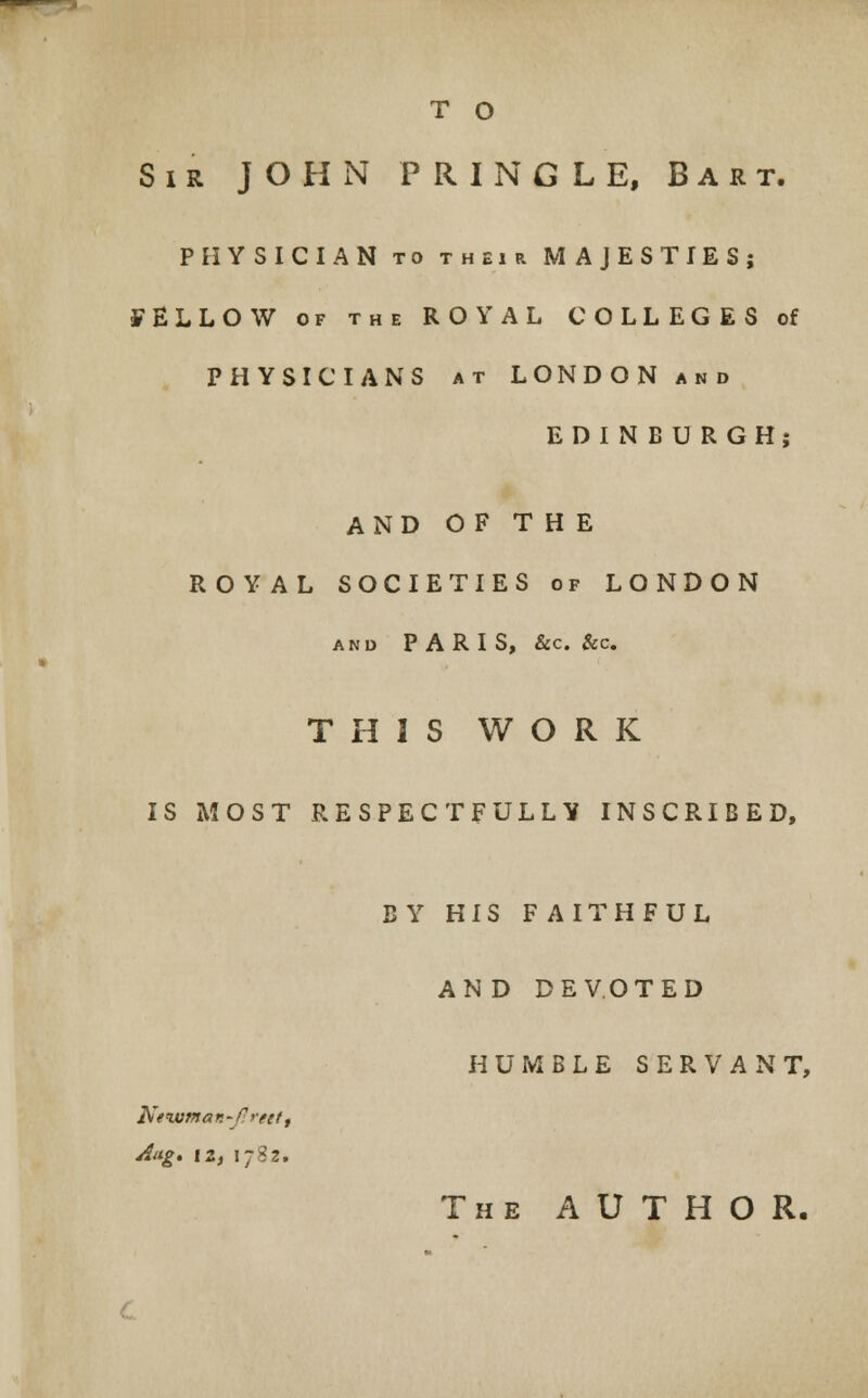 T O Sir JOHN PRINGLE, Bart. PHYSICIAN to their MAJESTIES; FELLOW of the ROYAL COLLEGES of PHYSICIANS at LONDON and EDINBURGH; AND OF THE ROYAL SOCIETIES of LONDON AND PARIS, &C &C. THIS WORK IS MOST RESPECTFULLY INSCRIBED, BY HIS FAITHFUL AND DEVOTED HUMBLE SERVANT, N«wman-J?reett Aug* 12, 1782. The AUTHOR.