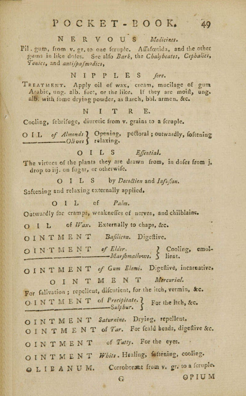 NERVOUS Medicines. Pit. gum, from v. v_r. to one fcruplc. Aflfafcetida, and the other .3 in like dofes. S-c alfo Bark, the Chalybeate!, Cephalics, Tonic:, and antifpafm^dics, NIPPLES fore. Treatment. Apply oil of wax, cream, mucilage of gum Arabic, ung. alb. fue:, or the like. If they arc moilt, un-g. alb. withjome drying powder, as ftarch, bbl. armen. &c. NITRE. Cooling, febrifuge, diuretic from v. grains to a fcruple. OIL of Almonds 1 Opening, pedoral ; outwardly, foftening -n/f7-ff j relaxing. OILS EJfential. The virtues of the plants they are drawn from, in dofes from j. drop toiij. on fugar, or otherwife. OILS by Decoclion and Ufufian. Softening and relaxing externally applied, OIL of Palm. Outwardly for cramps, wealcneffes of nerves, and chilblain*. OIL of Wax. Externally to chaps, &c. OINTMENT BafiUcoa. Digeftivc. O I NT M E N T ef Elder, I Cooling, emoI~ ■ ■ ■ -Marfhmaihirjt. $ lient. OINTMENT of Gum Elemi. Digeftivd, incaroative* OINTMENT Mercurial. For falivation ; repellent, djfcutient, for the itch, vermin, &c. O I N T M E N T of Precipitate. 7 Fof (he hch> &c> , . , —-—Sulphur, j OINTMENT Saturnine. Drying, repellent. OINTMENT of Tar. For fcald beads, digeflive Sec, OINTMENT of Tutty. For the eyes. - OINTMENT Whits. Healing, feftening, cooling. Q L I B A N U M. Corroborant from v. gt. to a fcrepl*. G 0 P IU M