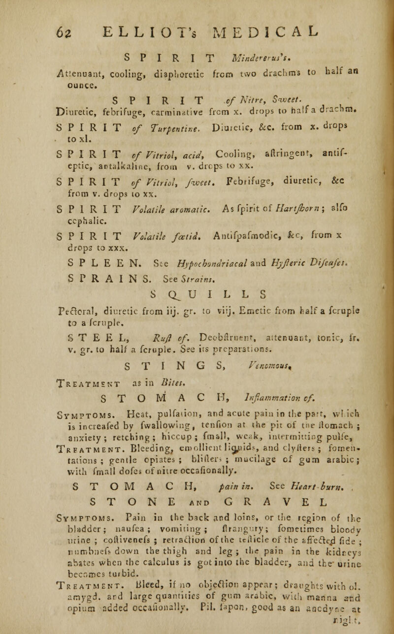 SPIRIT Mindererus*!. At!enuant, cooling, diaphoretic from two drachms to half an ounce. SPIRIT of Nitre, Sweet. Diuretic, febrifuge, carminative frcm x. drops co half a drachm. SPIRIT of Turpentine. Diuretic, &c. from x. drops toxl. SPIRIT of Vitriol, acid, Cooling, afiringenr, antif- eptic, antalkahnc, from v. drops to xx. SPIRIT of Vitriol, fweet. Febrifuge, diuretic, &c from v. drops to xx. SPIRIT Volatile aromatic. As fpirit of Hartjbom ; alfo cephalic. SPIRIT Volatile fat id. Antifpafmodic, kc, from x drops to xxx. SPLEEN. See Hypochondriacal and Hyjleric Difeafes. SPRAINS. See Strains. S (QUILLS Federal, diuretic from iij. gr. to viij. Emetic from half a fcruple to a fcruple. STEEL, Rujl of. Deebilruent, a:tenuar.t, tor.ir, Jr. v. gr. to half a fcruple. See its preparations. STINGS, Venomous* Treatment as in Bites. STOMACH, Inflammation of. Svmptoms. Heat, pulfaiion, and acute pain in the part, which is increafed by fwallowing, tenfion at the pit of the ilomach ; anxiety; retching; hiccup; fmall, weak* intermitting pulfe, Treatment. Bleeding, emollient lipids, and clyfters; fomen- tations; gentle opiates; bit tiers ; mucilage of gum arabic ; with fmall dofes of nitre occahonally. STOMACH, pain in. See Heart bum. , STONE and GRAVEL Symptoms. Pain in the back and loins, or the region of the bladder; naufea ; vomiting; flrangury; foroetimes bloody urine ; coftivenefs ; retraclion of the tefticle of the aficcle^l fide ; iinmbnefs down the thigh and leg ; the pain in the kidneys abates when the calculus is got into the bladder, and the urine becomes tuibid. Treatment. Bleed, if no objection appear; draughts with ol. amygd. ard large quantises of gum arabic, with manna and opium added occasionally. Pil. Japan, good as an ancdyr,: at