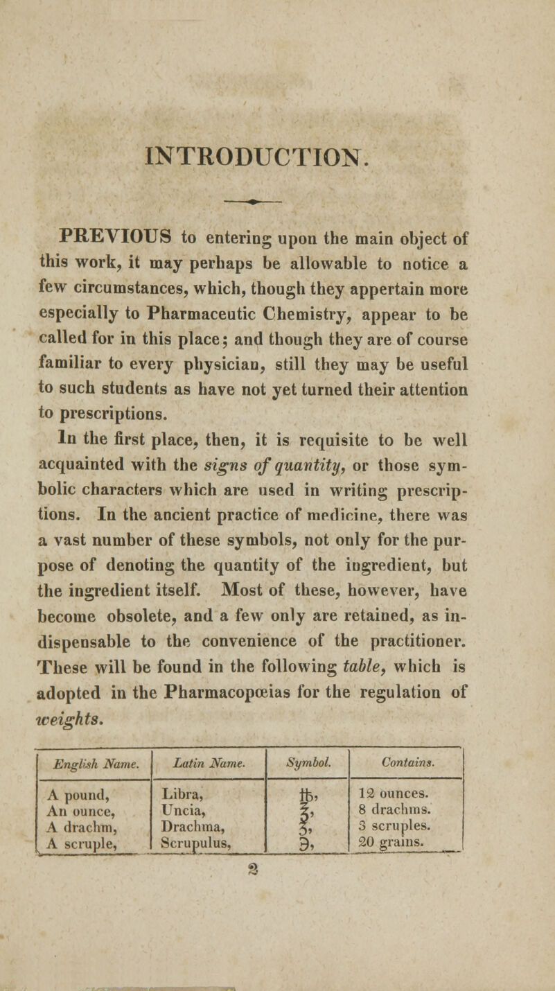 INTRODUCTION. PREVIOUS to entering upon the main object of this work, it may perhaps be allowable to notice a few circumstances, which, though they appertain more especially to Pharmaceutic Chemistry, appear to be called for in this place; and though they are of course familiar to every physician, still they may be useful to such students as have not yet turned their attention to prescriptions. In the first place, then, it is requisite to be well acquainted with the signs of quantity, or those sym- bolic characters which are used in writing prescrip- tions. In the ancient practice of medicine, there was a vast number of these symbols, not only for the pur- pose of denoting the quantity of the ingredient, but the ingredient itself. Most of these, however, have become obsolete, and a few only are retained, as in- dispensable to the convenience of the practitioner. These will be found in the following table, which is adopted in the Pharmacopoeias for the regulation of weights. English Name. Latin Name. Symbol. Contains. A pound, An ounce, A drachm, A scruple, Libra, Uncia, Drachma, Scrupulus, 9, 12 ounces. 8 drachms. 3 scruples. 20 grains.