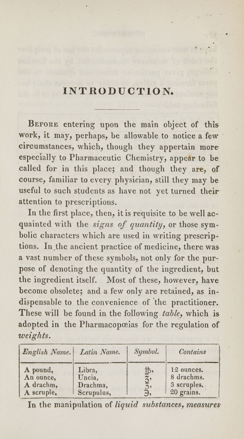 INTRODUCTION. Before entering upon the main object of this work, it may, perhaps, be allowable to notice a few circumstances, which, though they appertain more especially to Pharmaceutic Chemistry, appear to be called for in this place; and though they are, of course, familiar to every physician, still they may be useful to such students as have not yet turned their attention to prescriptions. In the first place, then, it is requisite to be well ac- quainted with the signs of quantity, or those sym- bolic characters which are used in writing prescrip- tions. In.the ancient practice of medicine, there was a vast number of these symbols, not only for the pur- pose of denoting the quantity of the ingredient, but the ingredient itself. Most of these, however, have become obsolete; and a few only are retained, as in- dispensable to the convenience of the practitioner. These will be found in the following table, which is adopted in the Pharmacopoeias for the regulation of weights. English Name. Latin Name. Symbol. Contains A pound, An ounce, A drachm, A scruple, Libra, Uncia, Drachma, Scrupulus, ft, 12 ounces. 8 drachms. 3 scruples. 20 grains. In the manipulation of liquid substances, measures