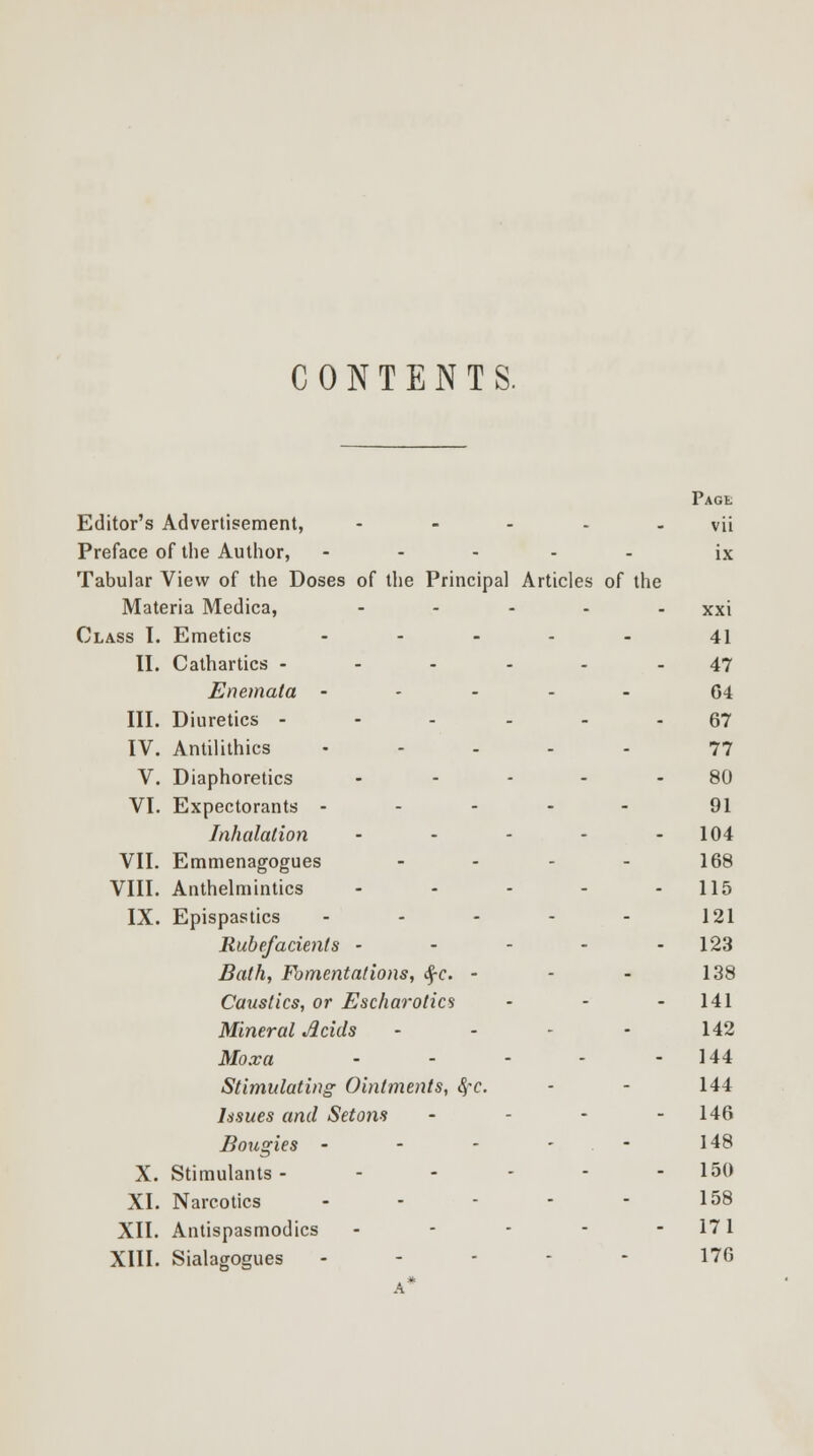 CONTENTS. Pagl Editor's Advertisement, ----- vii Preface of the Author, ----- ix Tabular View of the Doses of the Principal Articles of the Materia Medica, ..... xx. Class I. Emetics ..... 41 II. Cathartics ------ 47 Enemata ----- 64 III. Diuretics ------ 67 IV. Antilithics - 77 V. Diaphoretics ----- 80 VI. Expectorants ..... 91 Inhalation - - - - - 104 VII. Emmenagogues - - - - 168 VIII. Anthelmintics - - - - - 115 IX. Epispastics - - - - - 121 Rubefacients - - - - - 123 Bath, Fomentations, $c. • - - 138 Caustics, or Escharotics - - - 141 Mineral Acids - - - - 142 Moxa - - - - - 144 Stimulating Ointments, fyc. ■ - 144 Issues and Setons - - - - 146 Bougies - - - . - 148 X. Stimulants - - - - - - 150 XI. Narcotics - - - - - 158 XII. Antispasmodics - - - - - 171 XIII. Sialagogues 176