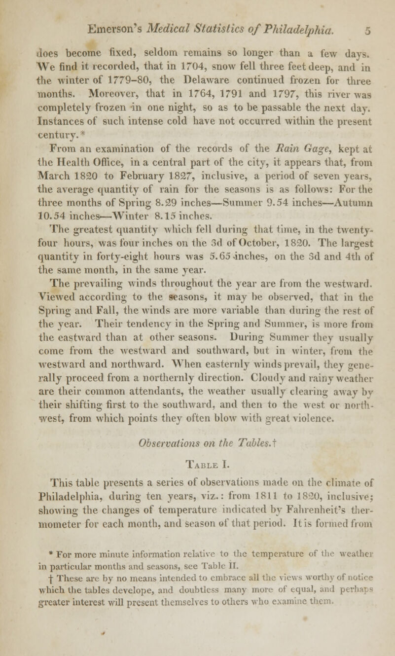 does become fixed, seldom remains so longer than a lew days. We find it recorded, that in 1704, snow fell three feet deep, and in the winter of 1779-80, the Delaware continued frozen for three months. Moreover, that in 1764, 1791 and 1797, this river was completely frozen in one night, so as to be passable the next day. Instances of such intense cold have not occurred within the present century.* From an examination of the records of the Fain Gage, kept at the Health Office, in a central part of the city, it appears that, from March 1820 to February 1827, inclusive, a period of seven years, the average quantity of rain for the seasons is as follows: For the three months of Spring 8.29 inches—Summer 9.54 inches—Autumn 10.54 inches—Winter 8.15 inches. The greatest quantity which fell during that lime, in the twenty- four hours, was four inches on the 3d of October, 1820. The largest quantity in forty-eight hours was 5.65 .inches, on the 3d and 4th of the same month, in the same year. The prevailing winds throughout the year are from the westward. Viewed according to the seasons, it may be observed, that in the Spring and Fall, the winds are more variable than during the rest of the year. Their tendency in the Spring and Summer, is more from the eastward than at other seasons. During Summer they usually come from the westward and southward, but in winter, from the westward and northward. When easternly winds prevail, they gene- rally proceed from a northernly direction. Cloudy and rainy weather are their common attendants, the weather usually clearing away bv their shifting first to the southward, and then to the west or north- west, from which points they often blow with great violence. Observations on the Tables.^ Table I. This table presents a series of observations made on the climate of Philadelphia, during ten years, viz.: from 1811 to 1820, inclusive; showing the changes of temperature indicated by Fahrenheit's ther- mometer for each month, and season of that period. It is formed from * For more minute information relative to the. temperature of the weather in particular months and seasons, see Table II. ■j- These are by no means intended to embrace all the views worthy of notice which the tables develope, and doubtless many more of equal, and perhaps greater interest will present themselves to others who examine them.