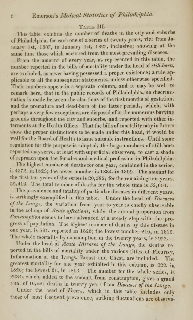 Table III. Tins table exhibits the number of deaths in the city and suburbs of Philadelphia, for each one of a series of twenty years, viz: from Ja- nuary 1st, 1807, to January 1st, 1827, inclusive,- showing at the same time those which occurred from the most prevailing diseases. From the amount of every year, as represented in this table, the number reported in the bills of mortality under the head of still-born, are excluded, as never having possessed a proper existence? a rule ap- plicable to all the subsequent statements, unless otherwise specified. Their numbers appear in a separate column, and it may be well to remark here, that in the public records of Philadelphia, no discrimi- nation is made between the abortions of the first months of gestation, and the premature and dead-born of the latter periods, which, with perhaps a very few exceptions, are disposed of in the numerous burying grounds throughout the city and suburbs, and reported with other in- terments at the Health Office. That the bills of mortality may in future show the proper distinctions to be made under this head, it would be well for the Board of Health to issue suitable instructions. Until some regulation for this purpose is adopted, the large numbers of still-born reported may serve, at least with superficial observers, to cast a shade of reproach upon the females and medical profession in Philadelphia. The highest number of deaths for one year, contained in the series, is 4372, in 1823; the lowest number is 1884, in 1809. The amount for the first ten years of the series is 20,585; for the remaining ten years, 32,419. The total number of deaths for the whole time is 53,004. The prevalence and fatality of particular diseases in different years, is strikingly exemplified in this table. Under the head of Diseases of the Lungs, the variation from year to year is chiefly observable in the column of Acute affections; whilst the annual proportion from Consumption seems to have advanced at a steady step with the pro- gress of population. The highest number of deaths by this disease in one year, is 587, reported in 1826; the lowest number 216, in 1813. The whole mortality by consumption in the twenty years, is 7977. Under the head of Acute Diseases of the Lungs, the deaths re- ported in the bills of mortality under the various titles of Pleurisy, Inflammation of the Lungs, Breast and Chest, are included. The greatest mortality for one year exhibited in this column, is 222, in 1826; the lowest 61, in 1813. The number for the whole series, is 2284; which, added to the amount from consumption, gives a grand total of 10,281 deaths in twenty years from Diseases of the Lungs. Under the head of Fevers, which in this table includes only those of most frequent prevalence, striking fluctuations are observa-