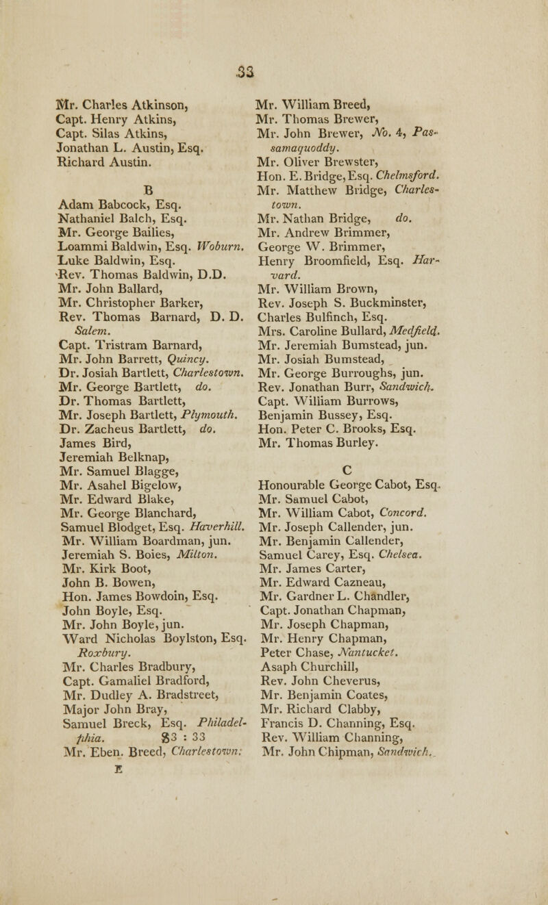 Mr. Charles Atkinson, Capt. Henry Atkins, Capt. Silas Atkins, Jonathan L. Austin, Esq. Richard Austin. B Adam Babcock, Esq. Nathaniel Balch, Esq. Mr. George Bailies, Loammi Baldwin, Esq. Woburn. L.uke Baldwin, Esq. \Rev. Thomas Baldwin, D.D. Mr. John Ballard, Mr. Christopher Barker, Rev. Thomas Barnard, D. D. Salem. Capt. Tristram Barnard, Mr. John Barrett, Quincy. Dr. Josiah Bartlett, Charlestoivn. Mr. George Bartlett, do. Dr. Thomas Bartlett, Mr. Joseph Bartlett, Plymouth. Dr. Zacheus Bartlett, do. James Bird, Jeremiah Belknap, Mr. Samuel Blagge, Mr. Asahel Bigelow, Mr. Edward Blake, Mr. George Blanchard, Samuel Blodget, Esq. Haverhill. Mr. William Boardman, jun. Jeremiah S. Boies, Milton. Mr. Kirk Boot, John B. Bowen, Hon. James Bowdoin, Esq. John Boyle, Esq. Mr. John Boyle, jun. Ward Nicholas Boylston, Esq. Roxbury. Mr. Charles Bradbury, Capt. Gamaliel Bradford, Mr. Dudley A. Bradstreet, Major John Bray, Samuel Breck, Esq. Philadel- phia. g3 : 33 Mr. Eben. Breed, Charlestoivn. Mr. William Breed, Mr. Thomas Brewer, Mr. John Brewer, Mb. 4, Pas- samaquoddy. Mr. Oliver Brewster, Hon. E. Bridge,Esq. Chelmsford. Mr. Matthew Bridge, Charles- toivn. Mr. Nathan Bridge, do. Mr. Andrew Brimmer, George W. Brimmer, Henry Broomfield, Esq. Har- vard. Mr. William Brown, Rev. Joseph S. Buckminster, Charles Bulfinch, Esq. Mrs. Caroline Bullard, Medfieli. Mr. Jeremiah Bumstead, jun. Mr. Josiah Bumstead, Mr. George Burroughs, jun. Rev. Jonathan Burr, Sandwich. Capt. William Burrows, Benjamin Bussey, Esq. Hon. Peter C. Brooks, Esq. Mr. Thomas Burley. Honourable George Cabot, Esq. Mr. Samuel Cabot, Mr. William Cabot, Concord. Mr. Joseph Callender, jun. Mr. Benjamin Callender, Samuel Carey, Esq. Chelsea. Mr. James Carter, Mr. Edward Cazneau, Mr. Gardner L. Chandler, Capt. Jonathan Chapman, Mr. Joseph Chapman, Mr. Henry Chapman, Peter Chase, Mantucket. Asaph Churchill, Rev. John Cheverus, Mr. Benjamin Coates, Mr. Richard Clabby, Francis D. Charming, Esq. Rev. William Channing, Mr. John Chipman, Sandwich.