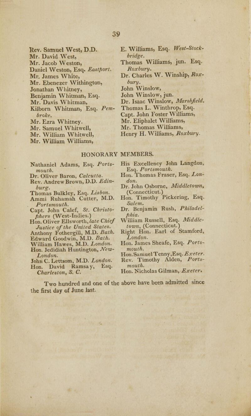 Rev. Samuel West, D.D. Mr. David West, Mr. Jacob Weston, Daniel Weston, Esq. Eastfiort. Mr. James White, Mr. Ebenezer Withington, Jonathan Whitney, Benjamin Whitman, Esq. Mr. Davis Whitman, Kilborn Whitman, Esq. Pem- broke. Mr. Ezra Whitney. Mr. Samuel Whitwell, Mr. William Whitwell, Mr. William Williams, E. Williams, Esq. West-Stock- bridge, Thomas Williams, jun. Esq. Roxbury. Dr. Charles W. Winship, Rox- bury. John Winslow, John Winslow, jun. Dr. Isaac Winslow, Marshfield. Thomas L. Winthrop, Esq. Capt. John Foster Williams, Mr. Eliphalet Williams, Mr. Thomas Williams, Henry H. Williams, Roxbury. HONORARY MEMBERS. Nathaniel Adams, Esq. Ports- mouth. Dr. Oliver Baron, Calcutta. Rev. Andrew Brown, D.D. Edin- burg. Thomas Bulkley, Esq. Lisbon. Ammi Ruhamah Cutter, M.D. Portsmouth. Capt. John Calef, St. Christo- phers (West-Indies.) Hon. Oliver Ellsworth, late Chief Justice of the United States. Anthony Fothergill, M.D. Bath. Edward Goodwin, M.D. Bath. William Hawes, M.D. London. Hon. Jedidiah Huntington, New- London. John C. Lettsom, M.D. London. Hon. David Ramsay, Esq. Charleston, S. C. His Excellency John Langdon, Esq. Portsmouth. Hon. Thomas Fraser, Esq. Lon- don. Dr. John Osborne, Middletoivn, (Connecticut.) Hon. Timothy Pickering, Esq. Salem. Dr. Benjamin Rush, Philadel- phia. William Russell, Esq. Middle- town, (Connecticut.) Right Hon. Earl of Stamford, London. Hon. James Sheafe, Esq. Ports- mouth. Hon.SamuelTenny,Esq.£arerer. Rev. Timothy Alden, Ports- mouth. Hon. Nicholas Gilman, Exeter* Two hundred and one of the above have been admitted since the first day of June last.