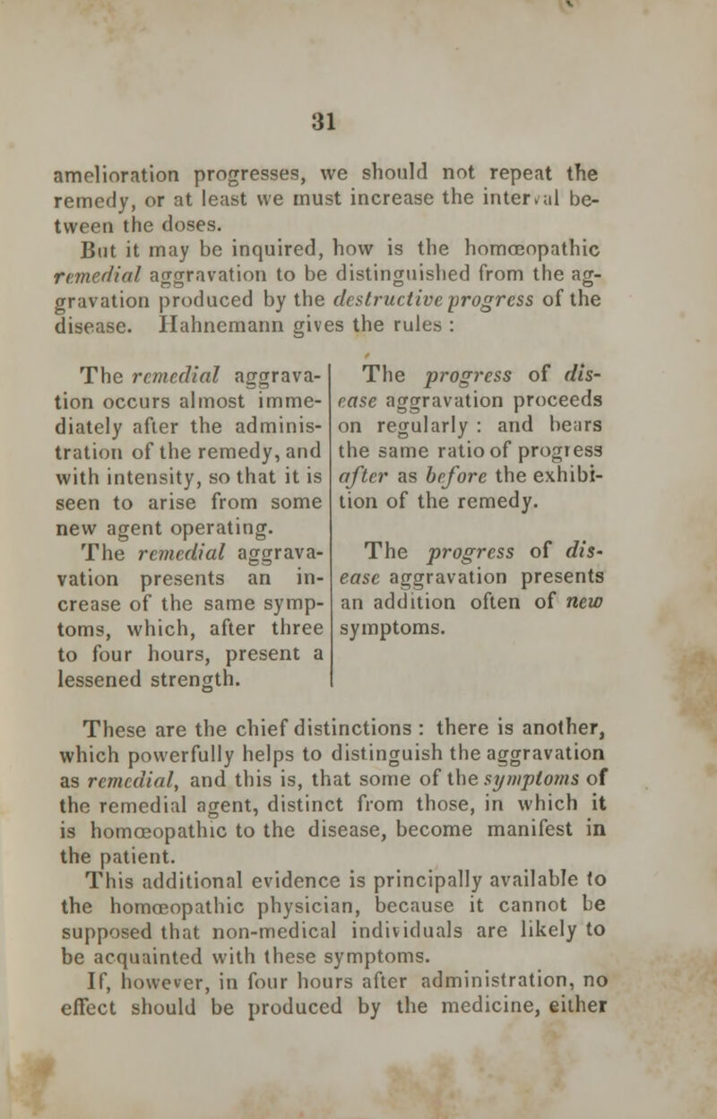 amelioration progresses, we should not repeat the remedy, or at least we must increase the interval be- tween the doses. But it may be inquired, how is the homoeopathic remedial aggravation to be distinguished from the ag- gravation produced by the destructive progress of the disease. Hahnemann gives the rules : The remedial aggrava- tion occurs almost imme- diately after the adminis- tration of the remedy, and with intensity, so that it is seen to arise from some new agent operating. The remedial aggrava- vation presents an in- crease of the same symp- toms, which, after three to four hours, present a lessened strength. The progress of dis- ease aggravation proceeds on regularly : and bears the same ratio of progress after as before the exhibi- tion of the remedy. The progress of dis' ease aggravation presents an addition often of new symptoms. These are the chief distinctions : there is another, which powerfully helps to distinguish the aggravation as remedial, and this is, that some of the symptoms of the remedial agent, distinct from those, in which it is homoeopathic to the disease, become manifest in the patient. This additional evidence is principally available to the homoeopathic physician, because it cannot be supposed that non-medical individuals are likely to be acquainted with these symptoms. If, however, in four hours after administration, no effect should be produced by the medicine, either