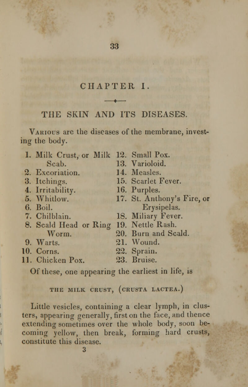 CHAPTER I THE SKIN AND ITS DISEASES. Vakious are the diseases of the membrane, invest- ing the body. 1. Milk Crust, or Milk 12. Small Pox. Scab. 13. Varioloid. 2. Excoriation. 14. Measles. 3. Itchings. 15. Scarlet Fever. 4. Irritability. 16. Purples. 5. Whitlow. 17. St. Anthony's Fire, or 6. Boil. Erysipelas. 7. Chilblain. 18. Miliary Fever. 8. Scald Head or Ring 19. Nettle Rash. Worm. 20. Bum and Scald. 9. Warts. 21. Wound. 10. Corns. 22. Sprain. 11. Chicken Pox. 23. Bruise. Of these, one appearing the earliest in life, is THE MILK CRUST, (cRUSTA LACTEA.) Little vesicles, containing a clear lymph, in clus- ters, appearing generally, first on the face, and thence extending sometimes over the whole body, soon be- coming yellow, then break, forming hard crusts, constitute this disease. 3