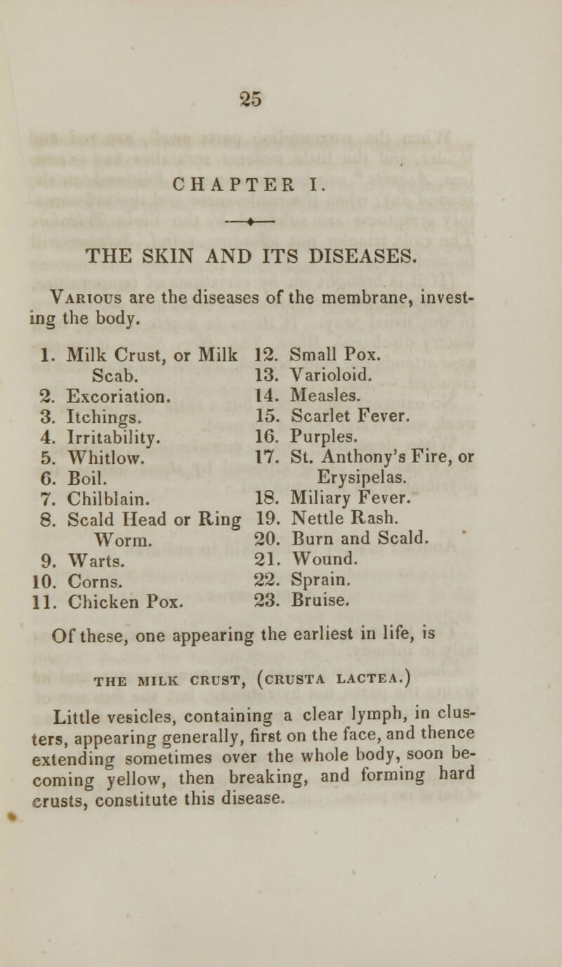 CHAPTER I. THE SKIN AND ITS DISEASES. Various are the diseases of the membrane, invest- ing the body. Small Pox. Varioloid. Measles. Scarlet Fever. Purples. St. Anthony's Fire, or Erysipelas. Miliary Fever. Nettle Rash. Burn and Scald. Wound. Sprain. Bruise. Of these, one appearing the earliest in life, is THE MILK CRUST, (CRUSTA LACTEA.) Little vesicles, containing a clear lymph, in clus- ters, appearing generally, first on the face, and thence extending sometimes over the whole body, soon be- coming yellow, then breaking, and forming hard crusts, constitute this disease. 1. Milk Crust, or Milk 12. Scab. 13. 2. Excoriation. 14. 3. Itchings. 15. 4. Irritability. 16. 5. Whitlow. 17. 6. Boil. 7. Chilblain. 18. 8. Scald Head or Ring 19. Worm. 20. 9. Warts. 21. 10. Corns. 22. 11. Chicken Pox. 23.