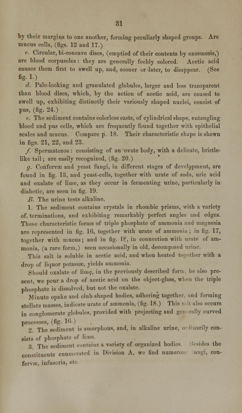 by their margins to one another, forming peculiarly shaped groups. Are mucus cells, (figs. 12 and 17.) c. Circular, bi-concave discs, (emptied of their contents by exosmosis,) are blood corpuscles: they are generally feebly colored. Acetic acid causes them first to swell up, and, sooner or -later, to disappear. (See fig. 1.) d. Pale-looking and granulated globules, larger and less transparent than blood discs, which, by the action of acetic acid, are caused to swell up, exhibiting distinctly their variously shaped nuclei, consist of pus, (fig. 24.) e. The sediment contains colorless casts, of cylindrical shape, entangling blood and pus cells, which are frequently found together with epithelial scales and mucus. Compare p. 18. Their characteristic shape is shown in figs. 21, 22, and 23. f. Spermatozoa: consisting of an ovate body, with a delicate, bristle- like tail; are easily recognized, (fig. 20.) g. Confervse and yeast fungi, in different stages of development, are found in fig. 13, and yeast-cells, together with urate of soda, uric acid and oxalate of lime, as they occur in fermenting urine, particularly in diabetic, are seen in fig. 19. B. The urine tests alkaline. 1. The sediment contains crystals in rhombic prisms, with a variety of. terminations, and exhibiting remarkably perfect angles and edges. These characteristic forms of triple phosphate of ammonia and magnesia are represented in fig. 16, together with urate of ammonia ; in fig. 17, together with mucus; and in fig. 18, in connection with urate of am- monia, (a rare form,) seen occasionally in old, decomposed urine. This salt is soluble in acetic acid, and when heated together with a drop of liquor potassge, yields ammonia. Should oxalate of lime, in the previously described form, be also pre- sent, we pour a drop of acetic acid on the object-glass, when the triple phosphate is dissolved, but not the oxalate. Minute opake and club-shaped bodies, adhering together, and forming stellate masses, indicate urate of ammonia, (fig. 18.) This si It also occurs in conglomerate globules, provided with projecting and gen rally curved processes, (fig. 16.) 2 The sediment is amorphous, and, in alkaline urine, ordinarily con- sists of phosphate of lime. 3 The sediment contains a variety of organized bodies, besides the constituents enumerated in Division A, we find nuineroi^ ungi, con- fervoe, infusoria, etc.