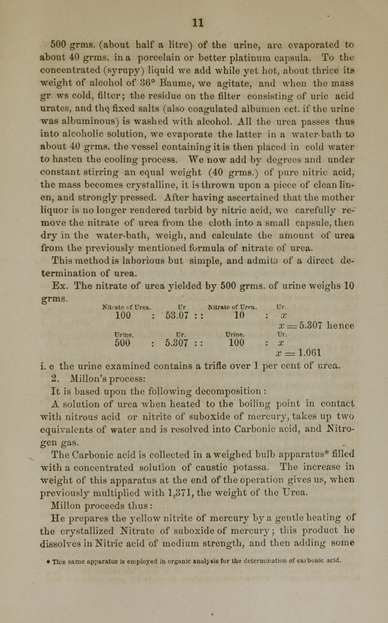 500 grms. (about half a litre) of the urine, are evaporated to about 40 grms. in a porcelain or better platinum capsula. To the concentrated (syrupy) liquid we add while yet hot, about thrice its weight of alcohol of 86° Baume, we agitate, and when the mass gr ws cold, filter; the residue on the filter consisting of uric acid urates, and the, fixed salts (also coagulated albumen ect. if the urine was albuminous) is washed with alcohol. All the urea passes thus into alcoholic solution, we evaporate the latter in a water-bath to about 40 grms. the vessel containing it is then placed in cold water to hasten the cooling process. We now add by degrees and under constant stirring an equal weight (40 grms.) of pure nitric acid, the mass becomes crystalline, it is thrown upon a piece of clean lin- en, and strongly pressed. After having ascertained that the mother liquor is no longer rendered turbid by nitric acid, we carefully re- move the nitrate of urea from the cloth into a small capsule, then dry in the water-bath, weigh, and calculate the amount of urea from the previously mentioned formula of nitrate of urea. This method is laborious but simple, and admits of a direct de- termination of urea. Ex. The nitrate of urea yielded by 500 grms. of urine weighs 10 grms. Nitrate iif Urea. Ur Nitrate of Urea. Ur. 100 : 53.07 : : 10 : x x = 5.307 hence Urine. Ur. Urine. Ur. 500 : 5.307 : : 100 : x x = 1.061 i. e the urine examined contains a trifle over 1 per cent of urea. 2. Millon's process: It is based upon the following decomposition : A solution of urea when heated to the boiling point in contact with nitrous acid or nitrite of suboxide of mercury, takes up two equivalents of water and is resolved into Carbonic acid, and .Nitro- gen gas. The Carbonic acid is collected in a weighed bulb apparatus* filled with a concentrated solution of caustic potassa. The inci-ease in weight of this apparatus at the end of the operation gives us, when previously multiplied with 1,371, the weight of the Urea. Millon proceeds thus: He prepares the yellow nitrite of mercur}^ by a geutle heating of the crystallized Nitrate of suboxide of mercury; this product he dissolves in Nitric acid of medium strength, and then adding some • This same apparatus is employed in organic analysis for the determination of carbonic acid.