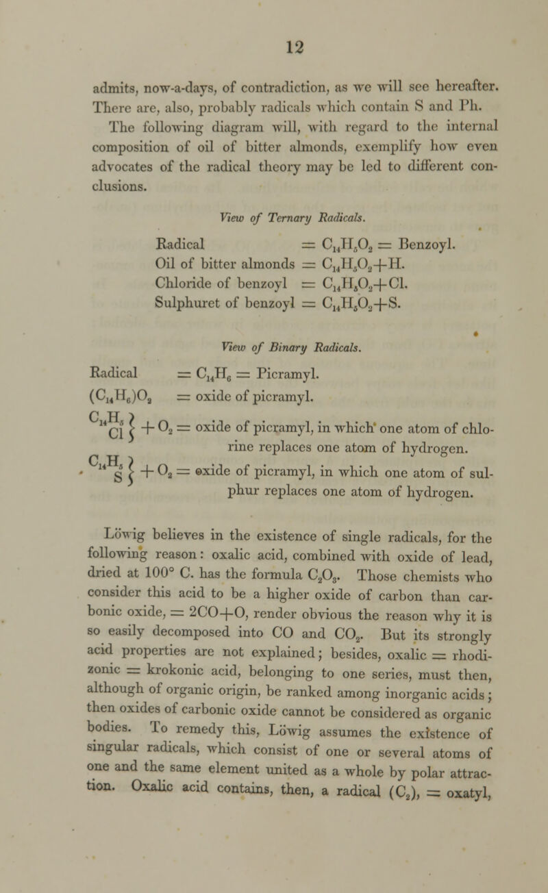 admits, now-a-days, of contradiction, as wc will see hereafter. There are. also, probably radicals which contain S and Ph. The following diagram will, with regard to the internal composition of oil of bitten- almonds, exemplify how even advocates of the radical theory may be led to different con- clusions. View of Ternary Radicals. Radical =z C14H502 r= Benzoyl. Oil of bitter almonds = C]4H502-f-H. Chloride of benzoyl = CHIIA+Cl. Sulphuret of benzoyl = C14H502-f-S. View of Binary Radicals. Radical = C14H6 = Picramyl. (Ci4Hc)Oa = oxide of picramyl. ci C + ^2 ~ oxi^e 0I picramyl, in which' one atom of chlo- rine replaces one atom of hydrogen. C H ) U S S ~*~ °a ~ •3^e of pici'amyl, in which one atom of sul- phur replaces one atom of hydrogen. Lowig believes in the existence of single radicals, for the following reason: oxalic acid, combined with oxide of lead, dried at 100° C. has the formula C203. Those chemists who consider this acid to be a higher oxide of carbon than car- bonic oxide, = 2CO-J-0, render obvious the reason why it is so easily decomposed into CO and C02. But its strongly acid properties are not explained; besides, oxalic = rhodi- zonic = krokonic acid, belonging to one series, must then, although of organic origin, be ranked among inorganic acids; then oxides of carbonic oxide cannot be considered as organic bodies. To remedy this, Lowig assumes the existence of singular radicals, which consist of one or several atoms of one and the same element united as a whole by polar attrac- tion. Oxalic acid contains, then, a radical (C2), = oxatyl,