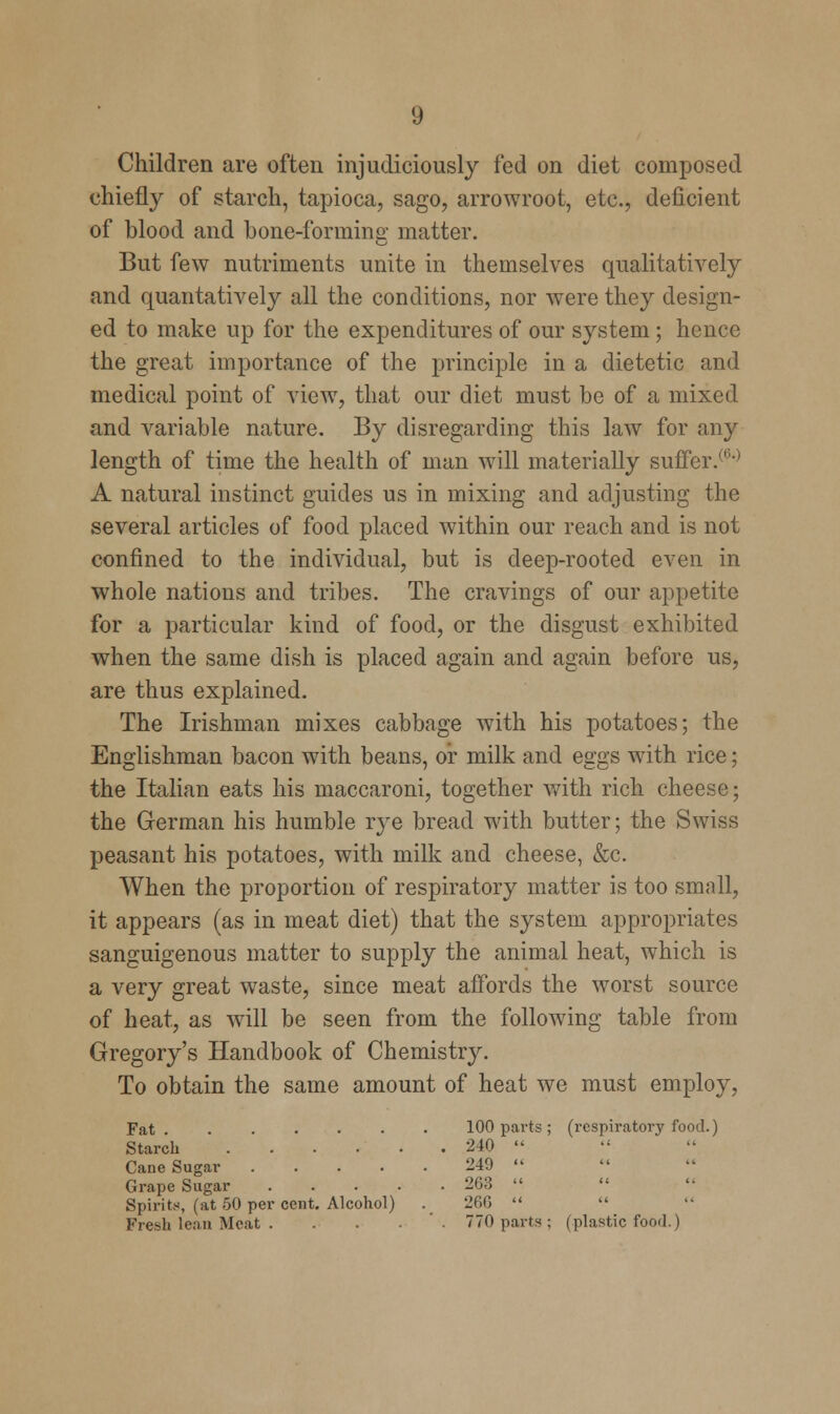 Children are often injudiciously fed on diet composed chiefly of starch, tapioca, sago, arrowroot, etc., deficient of blood and bone-forming matter. But few nutriments unite in themselves qualitatively and qualitatively all the conditions, nor were they design- ed to make up for the expenditures of our system; hence the great importance of the principle in a dietetic and medical point of view, that our diet must be of a mixed and variable nature. By disregarding this law for any length of time the health of man will materially suffer.' A natural instinct guides us in mixing and adjusting the several articles of food placed within our reach and is not confined to the individual, but is deep-rooted even in whole nations and tribes. The cravings of our appetite for a particular kind of food, or the disgust exhibited when the same dish is placed again and again before us, are thus explained. The Irishman mixes cabbage with his potatoes; the Englishman bacon with beans, or milk and eggs with rice; the Italian eats his maccaroni, together with rich cheese; the German his humble rye bread with butter; the Swiss peasant his potatoes, with milk and cheese, &c. When the proportion of respiratory matter is too small, it appears (as in meat diet) that the system appropriates sanguigenous matter to supply the animal heat, which is a very great waste, since meat affords the worst source of heat, as will be seen from the following table from Gregory's Handbook of Chemistry. To obtain the same amount of heat we must employ, Fat ....... 100 parts ; (respiratory food.) Starch 240  Cane Sugar 249  Grape Sugar 263  Spirits, (at 50 per cent. Alcohol) . 260   Fresh lean Meat . . . . 770 parts; (plastic food.)