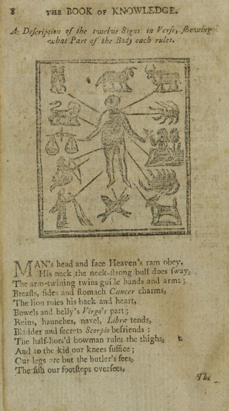 A- Dcfcriptitn of the tiudve Signs in Verfet fie-Ming luhat Fart of the Bo.ij each rules. 7*k /TAN's head and face Heaven's ram obey, His neck,the neck-ftrofig bull does (way, The arm-twining twins guile hands and arms: Bfeafts, fides and ftomach Cancer charms, The lion rule* his back and heart, Bowels and belly's Virgo s part; Reins, haunches, nave!, Libra tends, Bladder andfecrets Scorpio befriends : The half-hors'd bowman rules the thighsj t. And to the kid our knees fuffice; Cur tegs -rebwt the butler's fees; The fifh our footfteps cvcifeesi rh