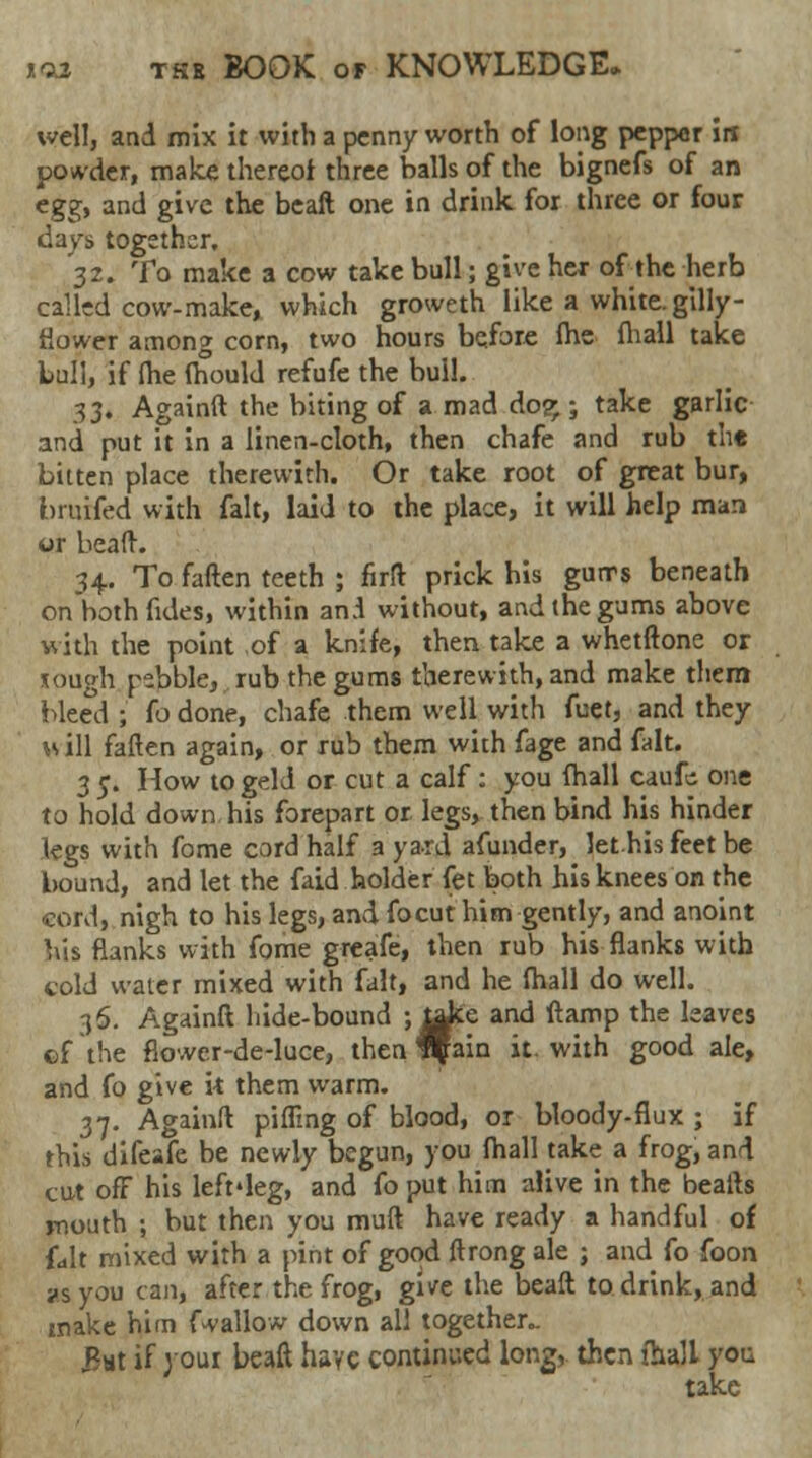 well, and mix it with a penny worth of long pepper in powder, make thereof three balls of the bignefs of an eggy and give the beaft one in drink for three or four days together, 32. To make a cow take bull; give her of the herb called cow-make, which groweth like a white, gilly- flower amon» corn, two hours before (he fliall take Lull, if (he mould refufe the bull. 33. Againft the biting of a mad do?;; take garlic and put it in a linen-cloth, then chafe and rub the bitten place therewith. Or take root of great bur, bruifed with fait, laid to the place, it will help man or beaft. 34. To faften teeth ; firft prick his gurrs beneath onboth fides, within an.i without, and the gums above with the point of a knife, then take a whetftone or xough pebble, rub the gums therewith, and make them bleed ; fo done, chafe them well with fuet, and they u ill faften again, or rub them with fage and fait. 3 5. How to geld or cut a calf: you (hall caufe one to hold down his forepart or legs, then bind his hinder legs with fome cord half a yard afunder, let his feet be bound, and let the faid.holder fet both his knees on the cord, nigh to his legs, and focut him gently, and anoint bis flanks with fome greafe, then rub bis flanks with cold water mixed with fait, and he (hall do well. 36. Againft hide-bound ;^cc and ftamp the leaves cf the flower-de-luce, then ^ain it. with good ale, and fo give i-t them warm. 37. Againft pifling of blood, or bloody-flux ; if this difeafe be newly begun, you (hall take a frog, and cut off his leftdeg, and fo put him alive in the beafts mouth ; but then you muft have ready a handful of fdlt mixed with a pint of good ftrong ale ; and fo foon as you can, after the frog, give the beaft to drink, and make him fwallow down all together- j?at if your beaft have continued long, then fhall you take