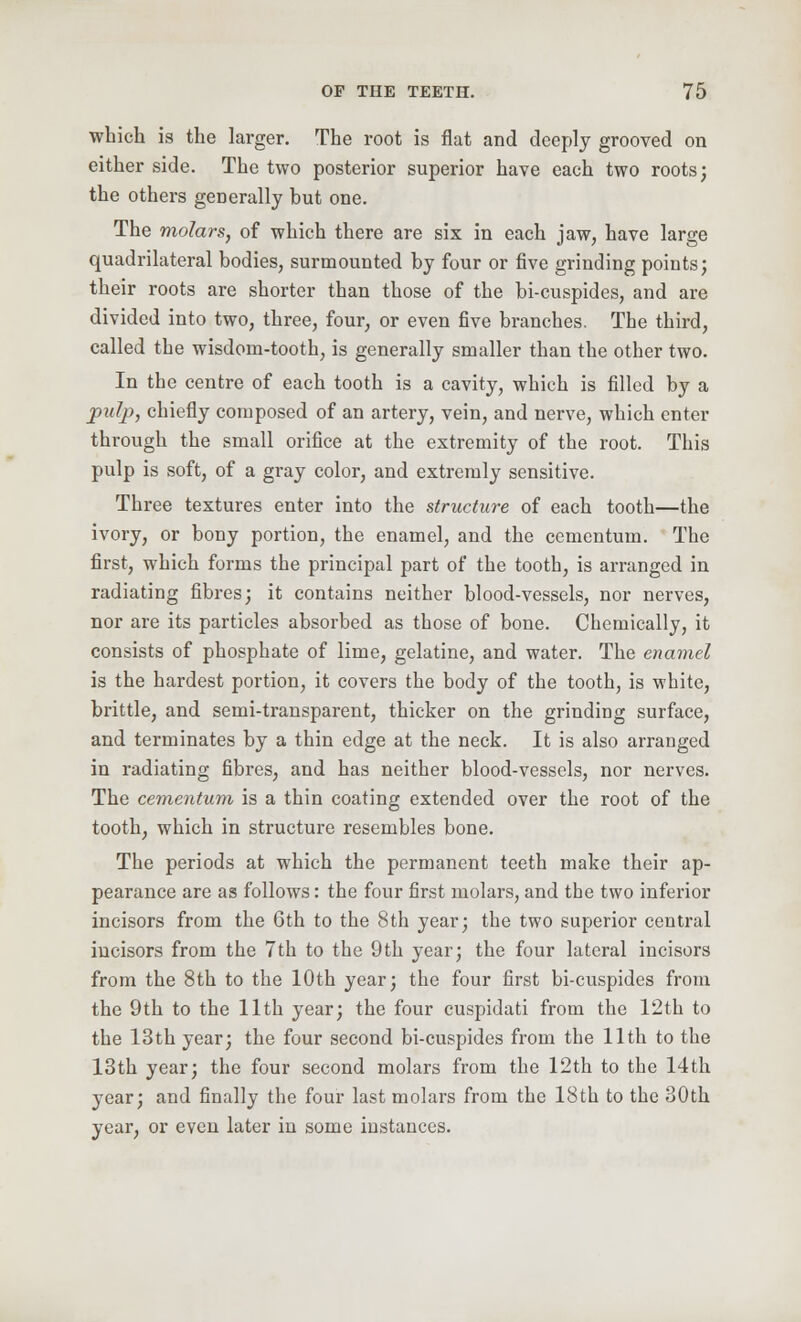 which is the larger. The root is flat and deeply grooved on either side. The two posterior superior have each two roots; the others generally but one. The molars, of which there are six in each jaw, have large quadrilateral bodies, surmounted by four or five grinding points; their roots are shorter than those of the bi-cuspides, and are divided into two, three, four, or even five branches. The third, called the wisdom-tooth, is generally smaller than the other two. In the centre of each tooth is a cavity, which is filled by a pulp, chiefly composed of an artery, vein, and nerve, which enter through the small orifice at the extremity of the root. This pulp is soft, of a gray color, and extremly sensitive. Three textures enter into the structure of each tooth—the ivory, or bony portion, the enamel, and the cementum. The first, which forms the principal part of the tooth, is arranged in radiating fibres; it contains neither blood-vessels, nor nerves, nor are its particles absorbed as those of bone. Chemically, it consists of phosphate of lime, gelatine, and water. The enamel is the hardest portion, it covers the body of the tooth, is white, brittle, and semi-transparent, thicker on the grinding surface, and terminates by a thin edge at the neck. It is also arranged in radiating fibres, and has neither blood-vessels, nor nerves. The cementum is a thin coating extended over the root of the tooth, which in structure resembles bone. The periods at which the permanent teeth make their ap- pearance are as follows: the four first molars, and the two inferior incisors from the 6th to the 8th year; the two superior central incisors from the 7th to the 9th year; the four lateral incisors from the 8th to the 10th year; the four first bi-cuspides from the 9th to the 11th year; the four cuspidati from the 12th to the 13th year; the four second bi-cuspides from the 11th to the 13th year; the four second molars from the 12th to the 14th year; and finally the four last molars from the 18th to the 30th year, or even later in some instances.